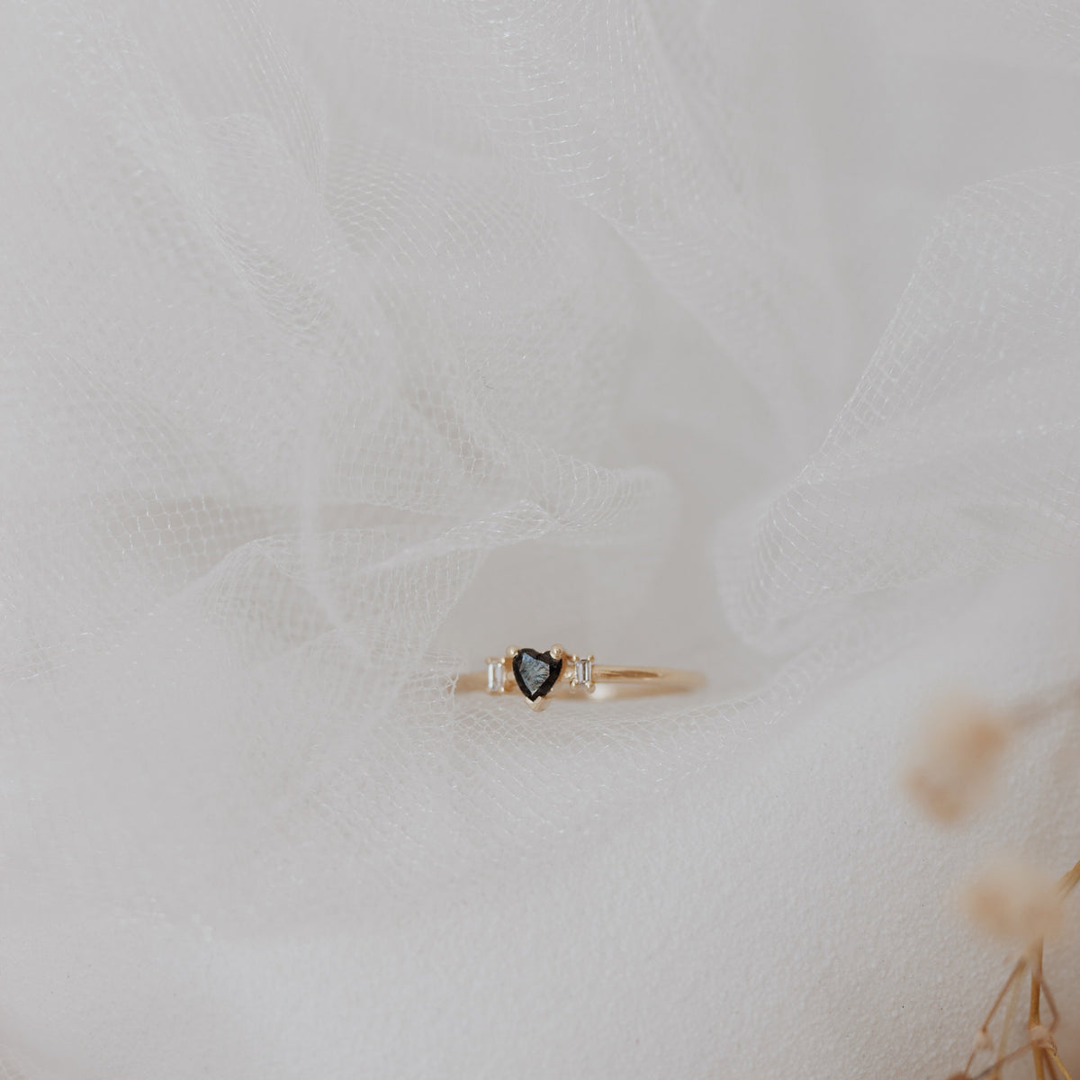 Solitaire Heart Shape Black Diamond Engagement Ring with Baguette Diamonds Orizzo fine jewelry