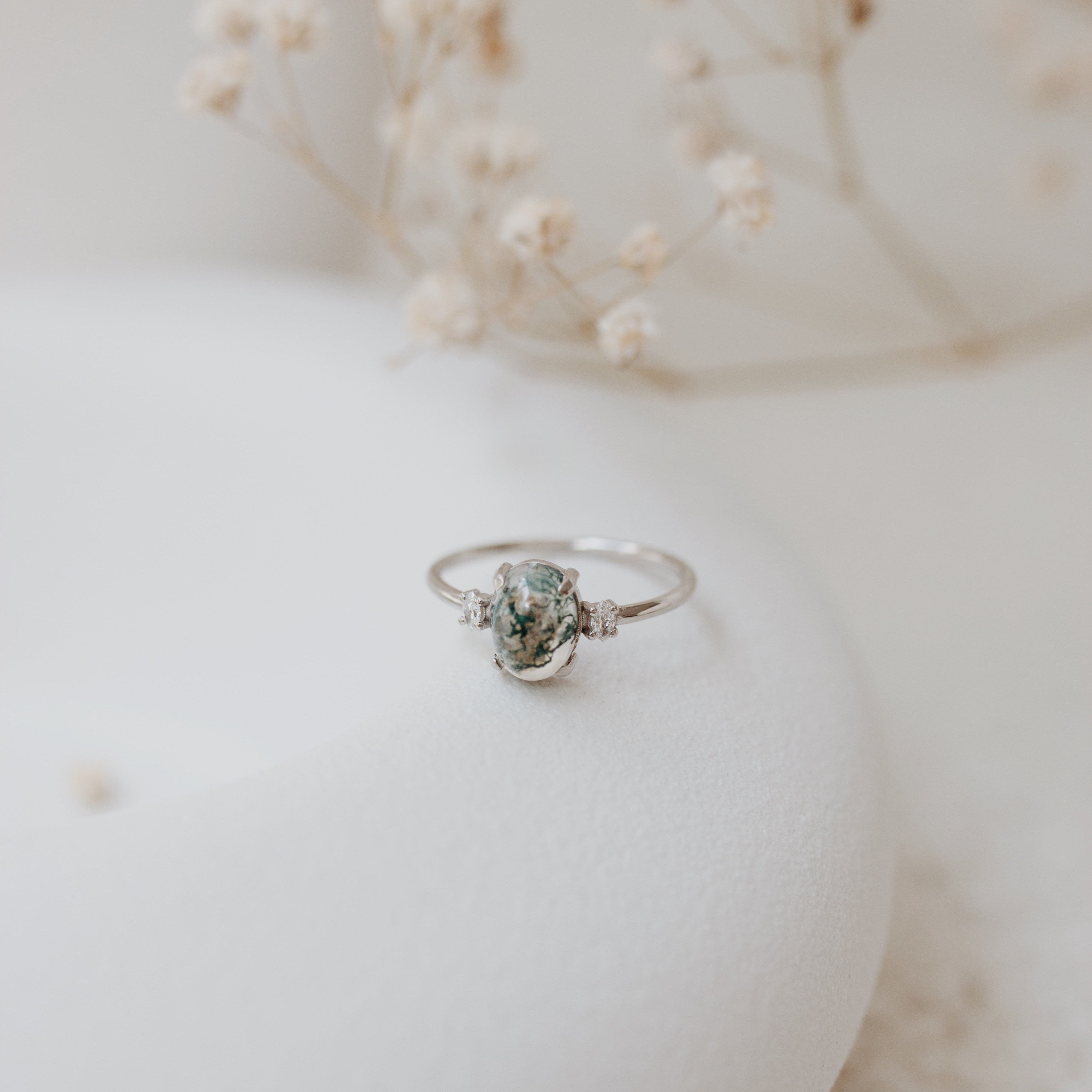 Cabochon Moss Agate Ring With Diamond