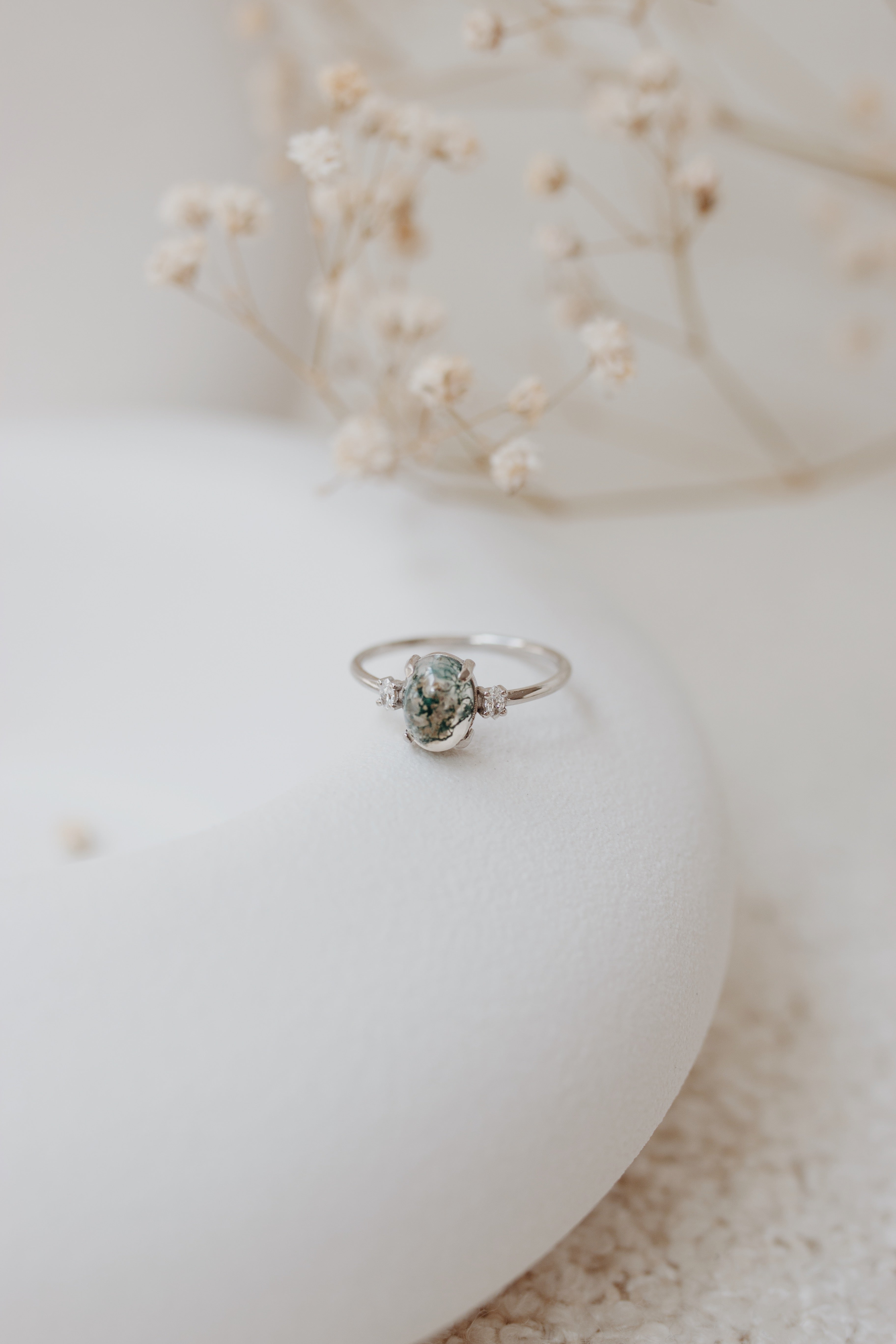 Cabochon Moss Agate Ring With Diamond