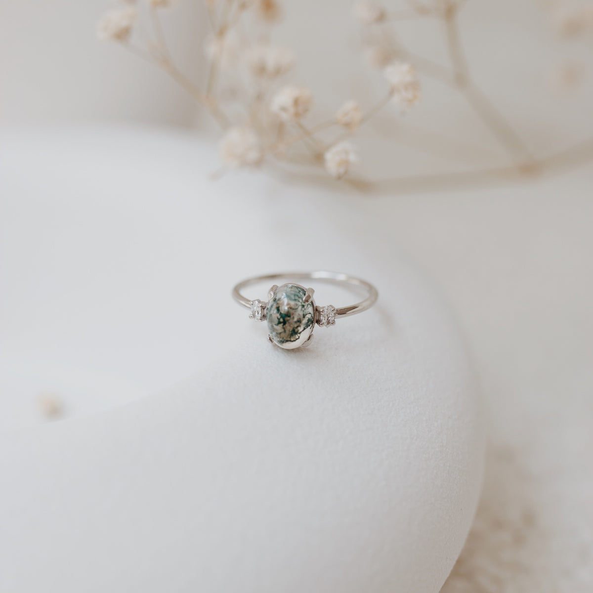 Cabochon Moss Agate Ring With Diamond - Trinity