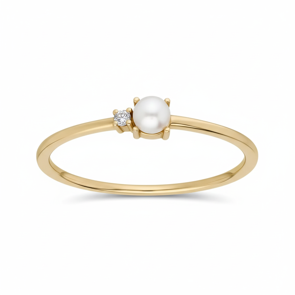 Elegantní prsten s Perlou a Diamantem – 14kt zlato