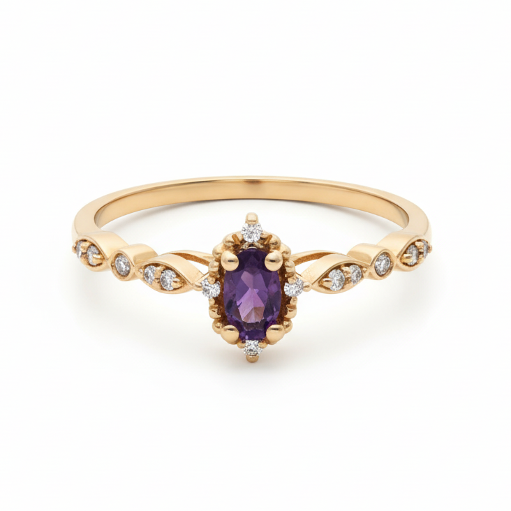 14K Gold Oval Amethyst Ring with Diamonds