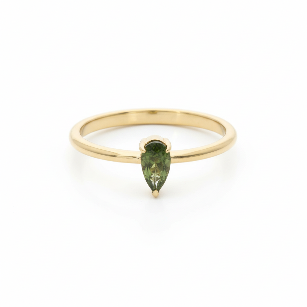 14K Gold Pear Moldavite Ring In Claw Setting