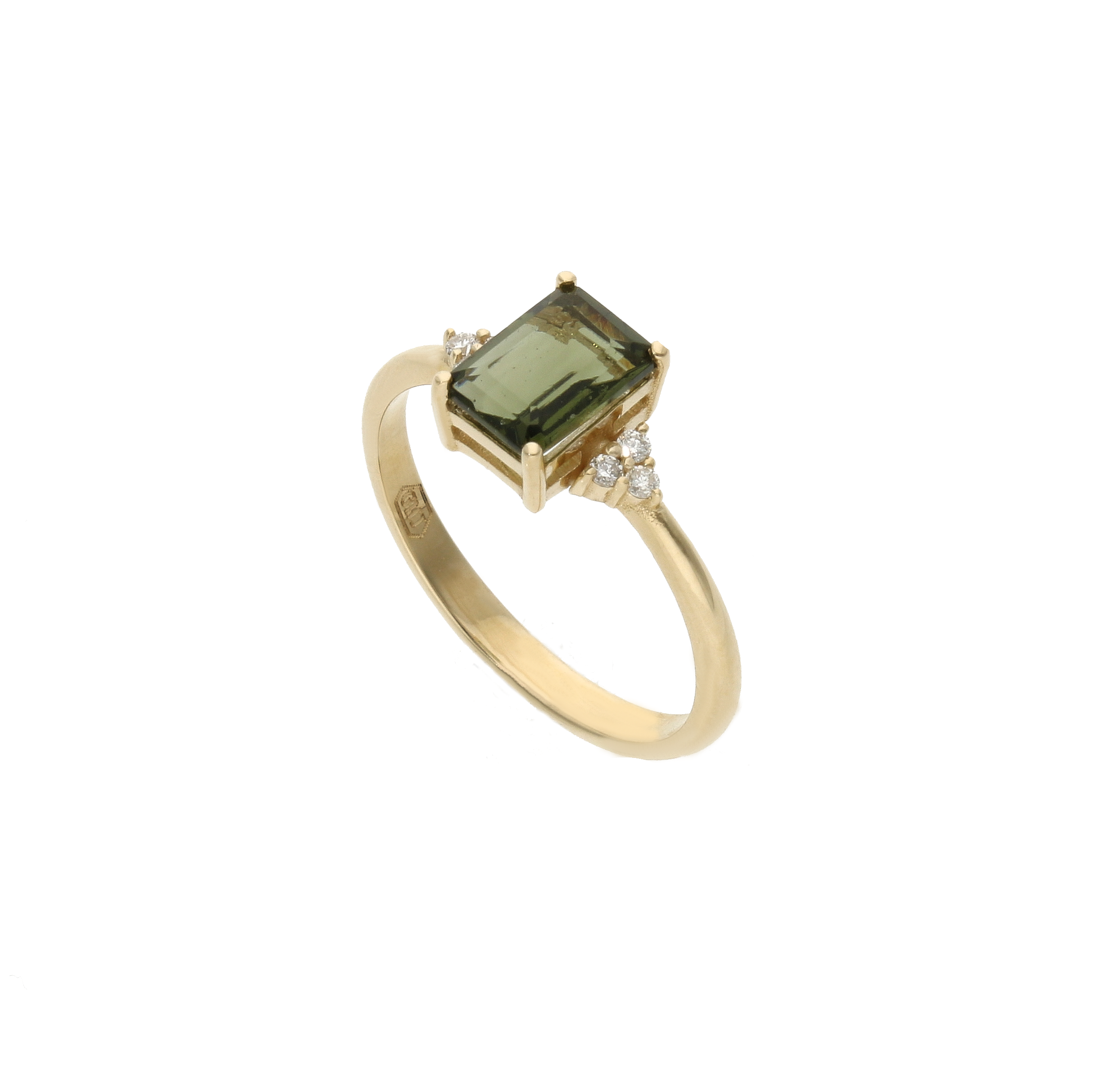 Emerald Cut Moldavite 14K Gold Ring With Diamonds