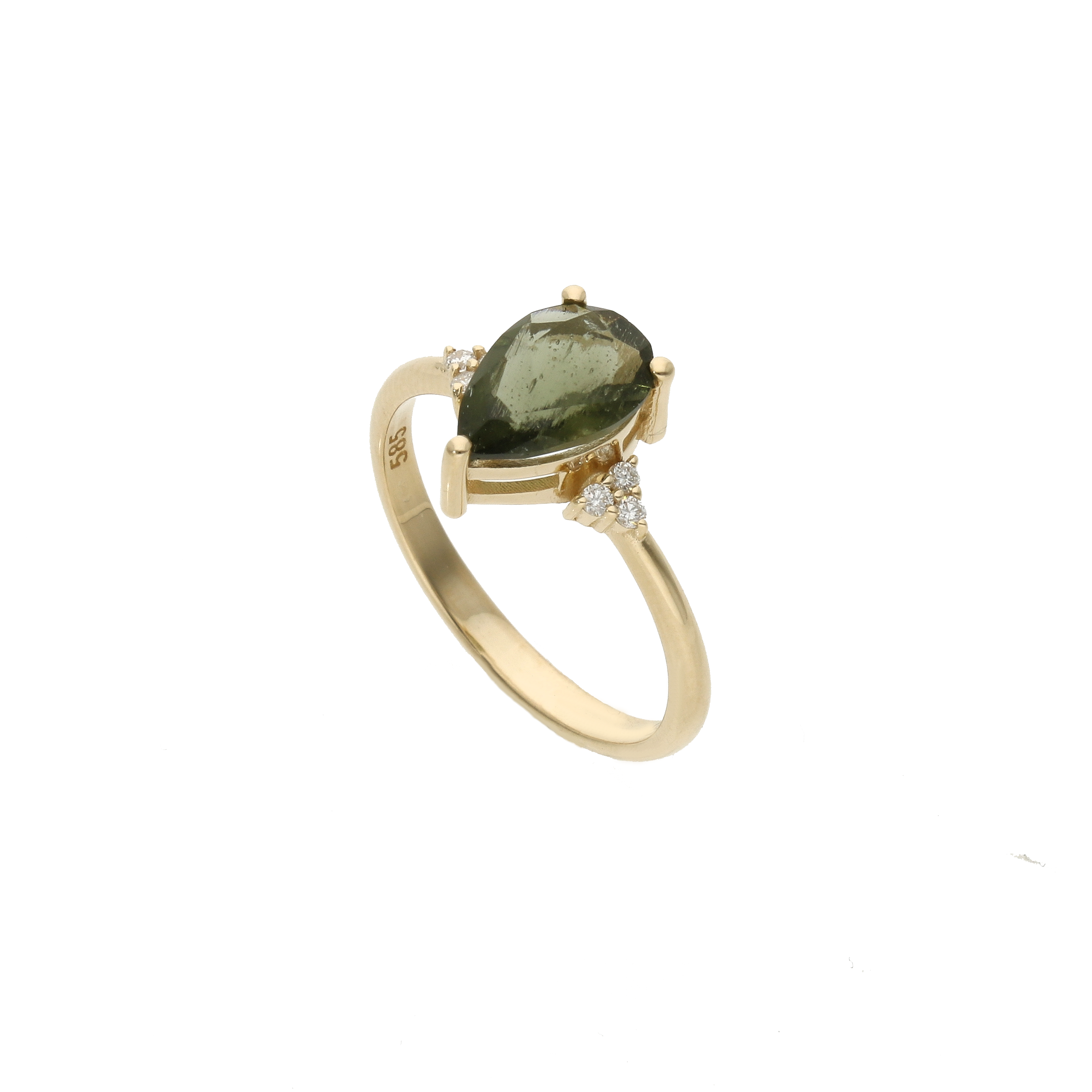 Zásnubní prsten s vltavínem hruškového brusu a diamantem 14karátové zlato