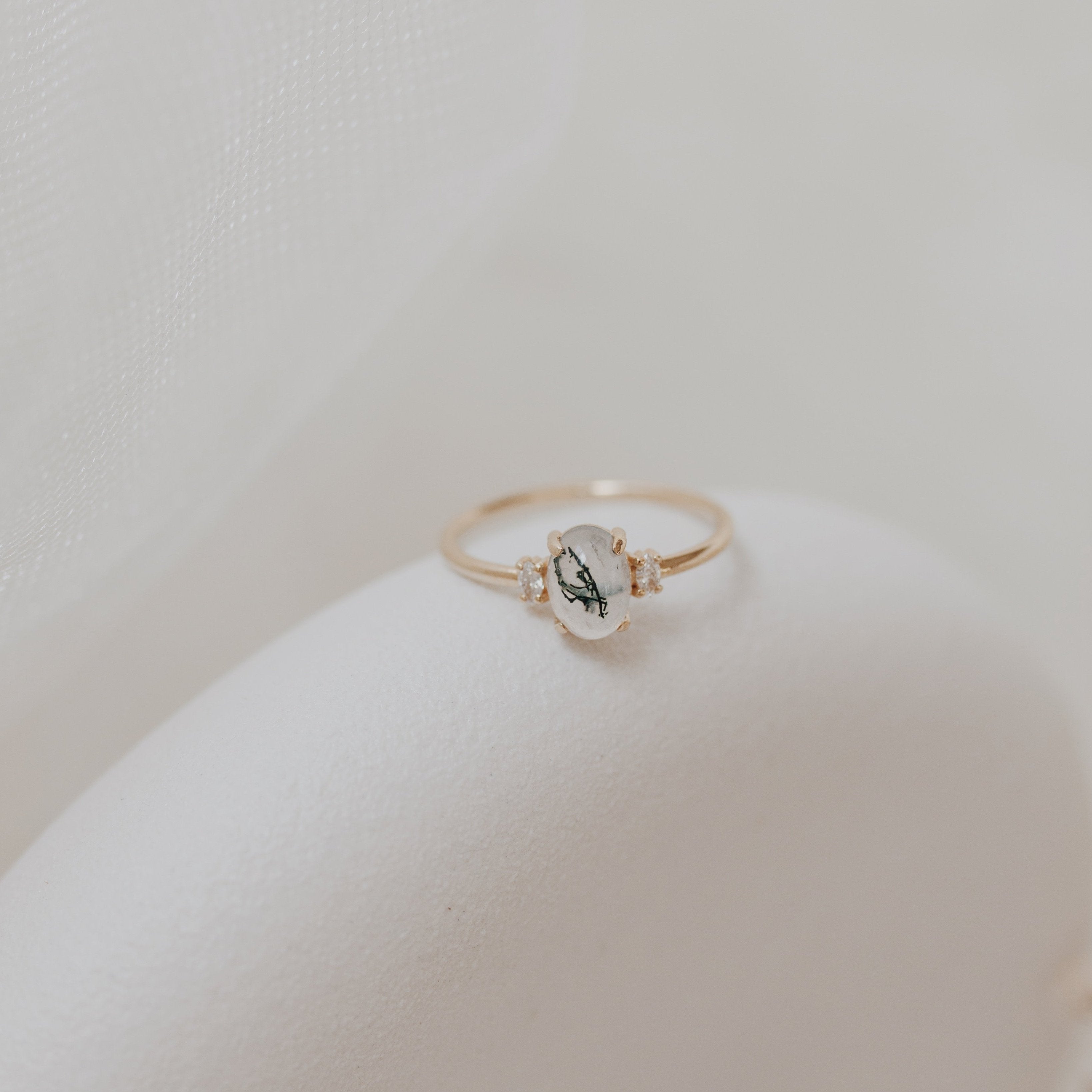 Moss Agate and Diamond Ring in 14K Gold