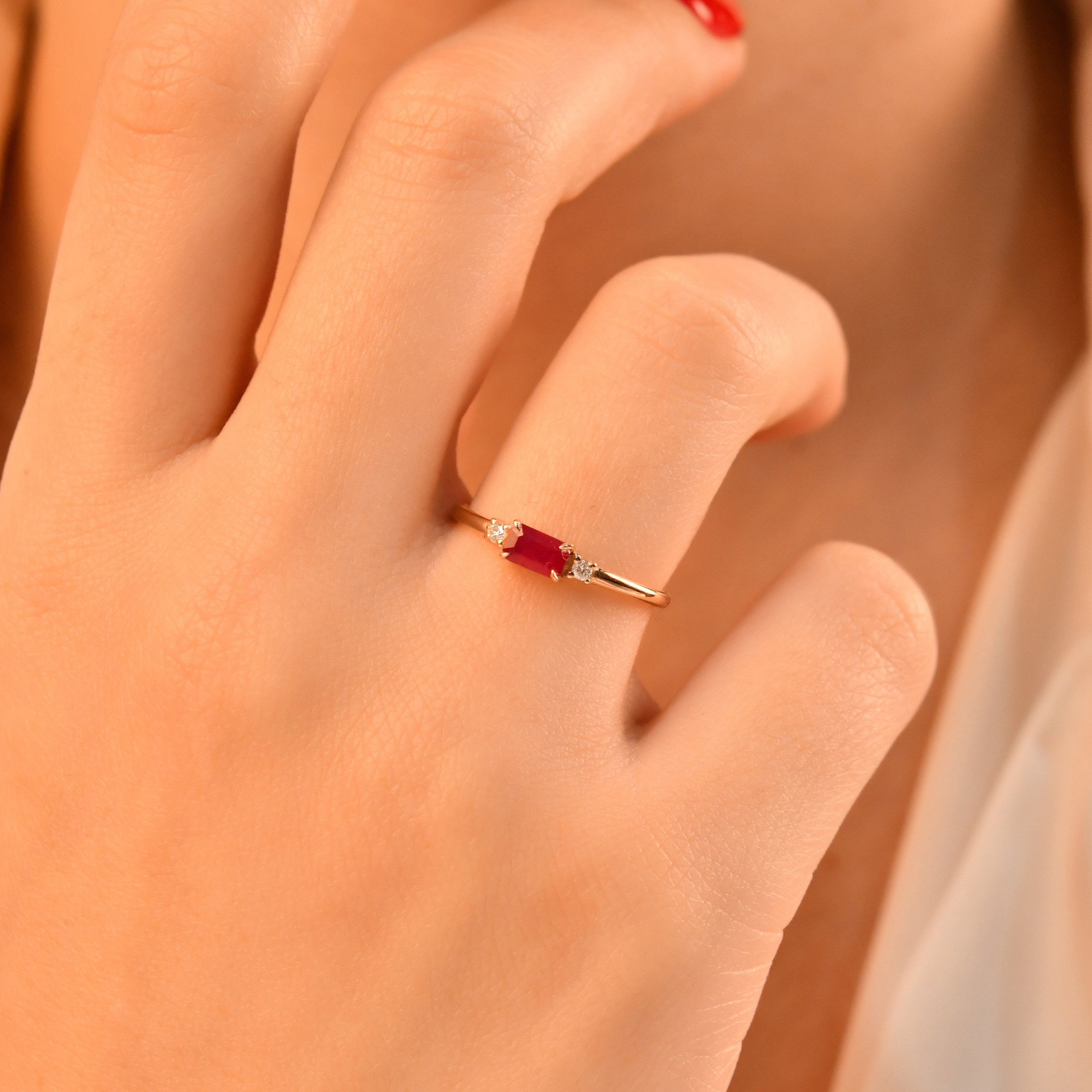 Emerald Cut Ruby Ring With Diamond