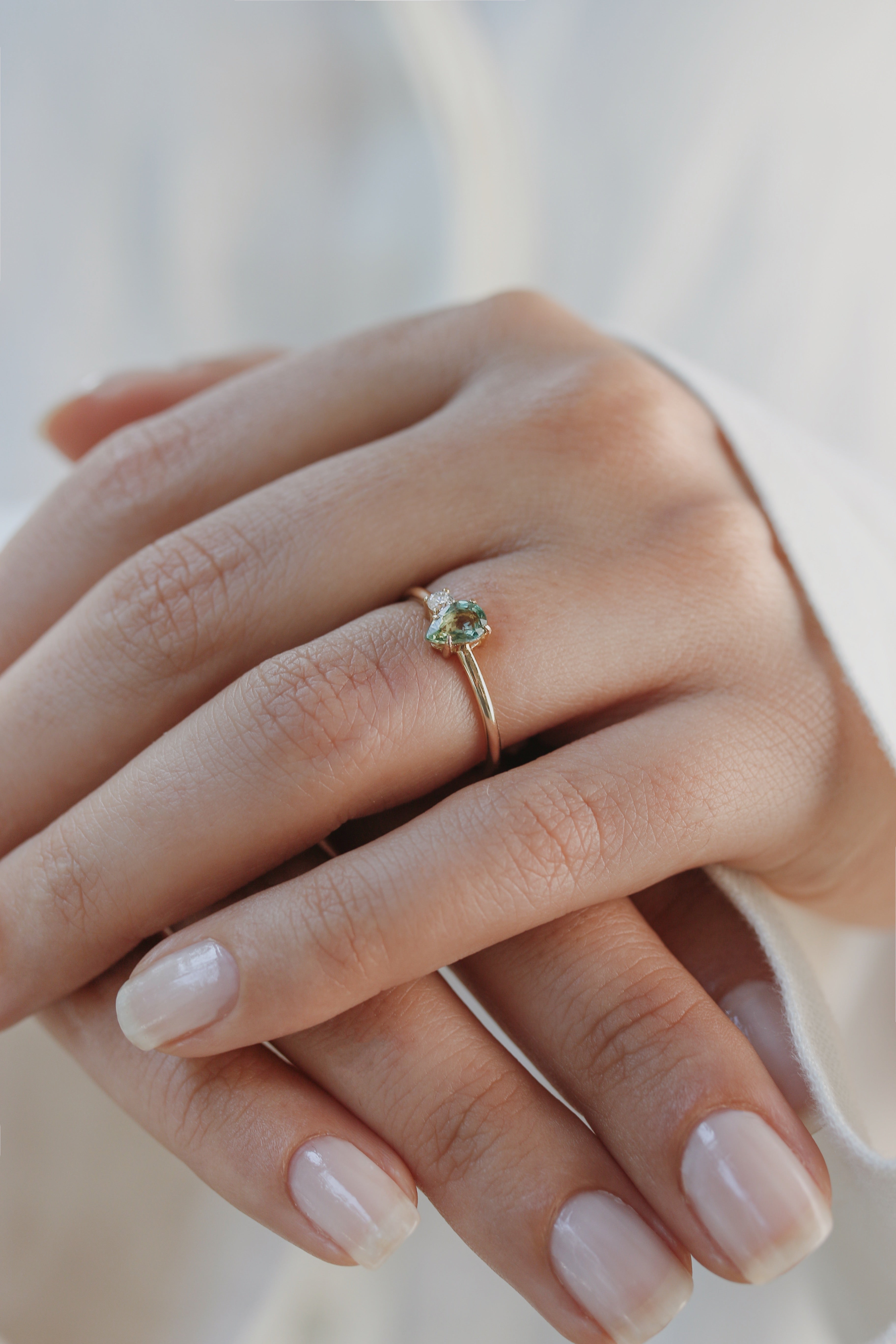 Pear Shape Green Sapphire Engagement Ring With Diamond - Alternative Bridal Orizzo fine jewelry