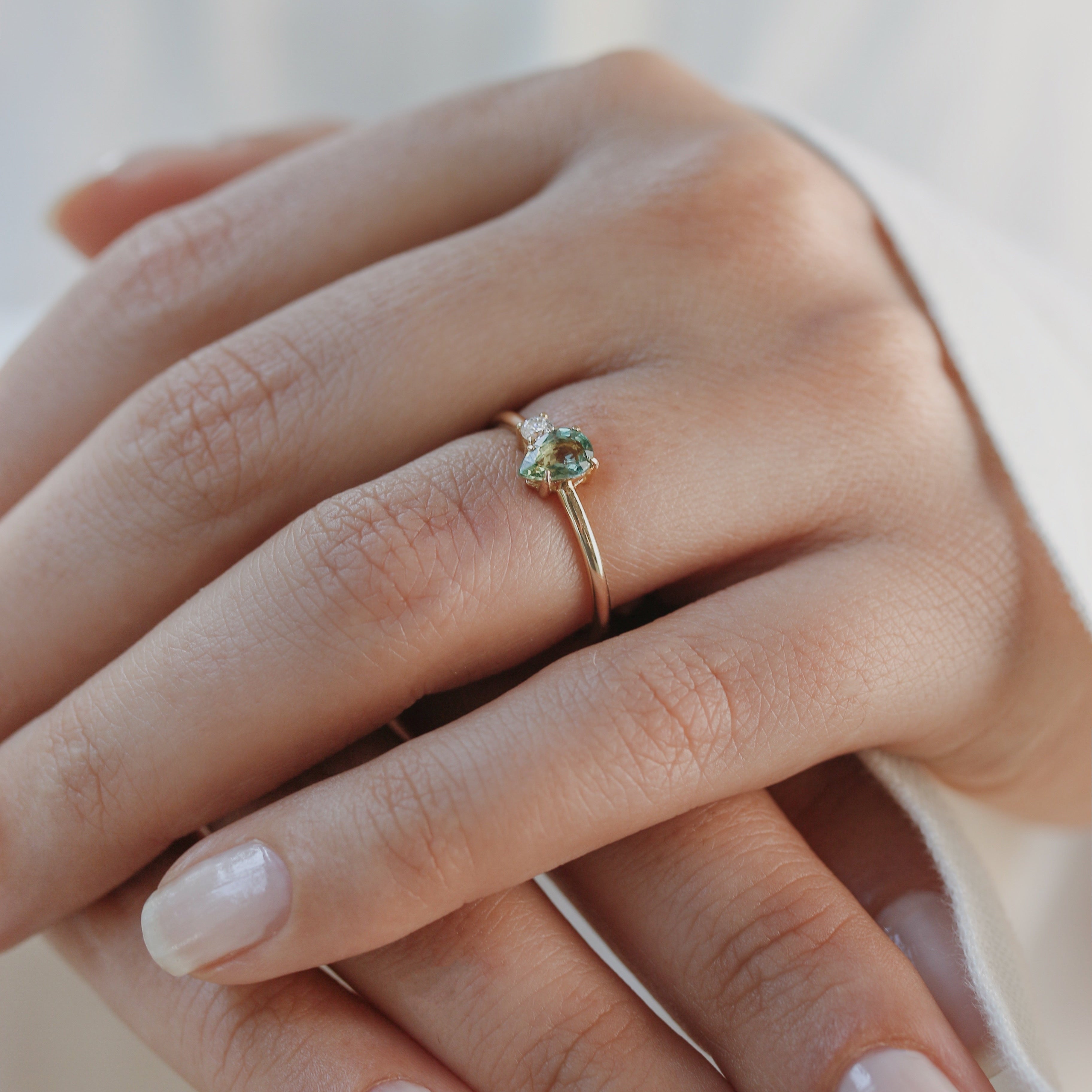 Pear Shape Green Sapphire Engagement Ring With Diamond - Alternative Bridal Orizzo fine jewelry
