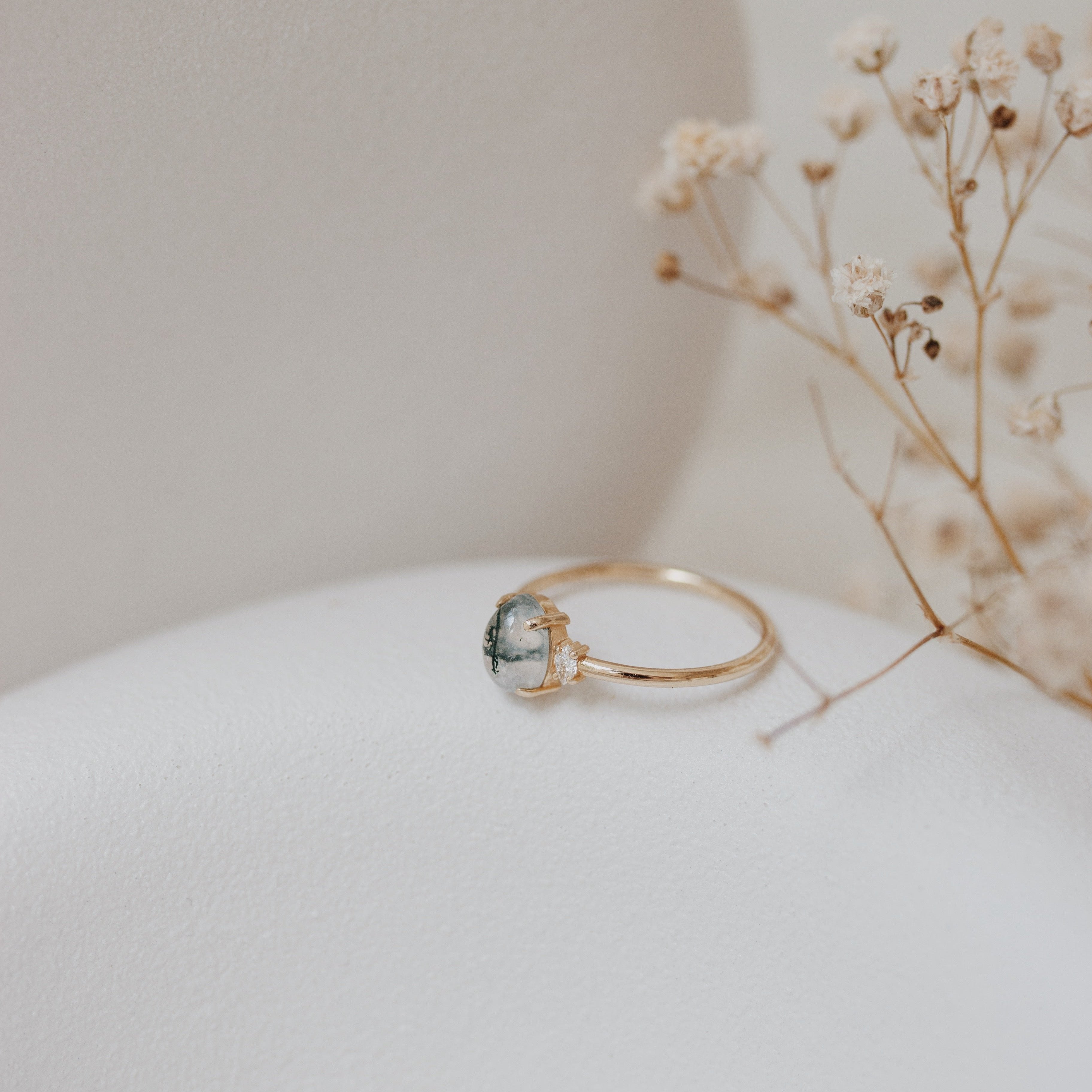 Moss Agate and Diamond Ring in 14K Gold