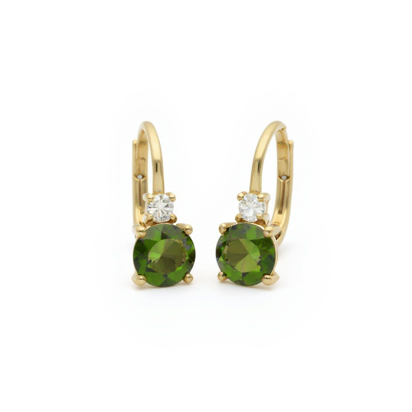 Náušnice s vltavíny a diamanty 14karátové zlato