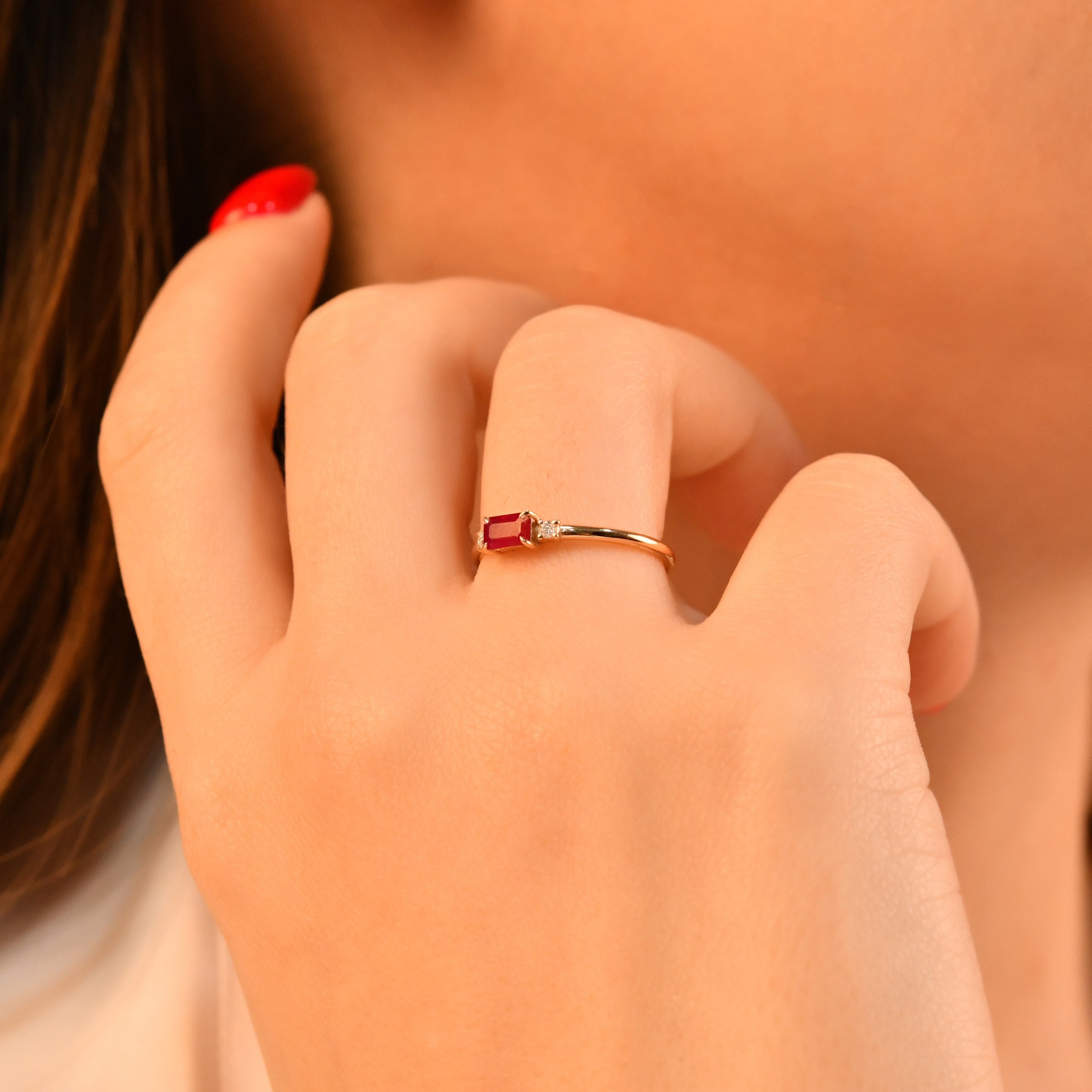 Emerald Cut Ruby Ring With Diamond
