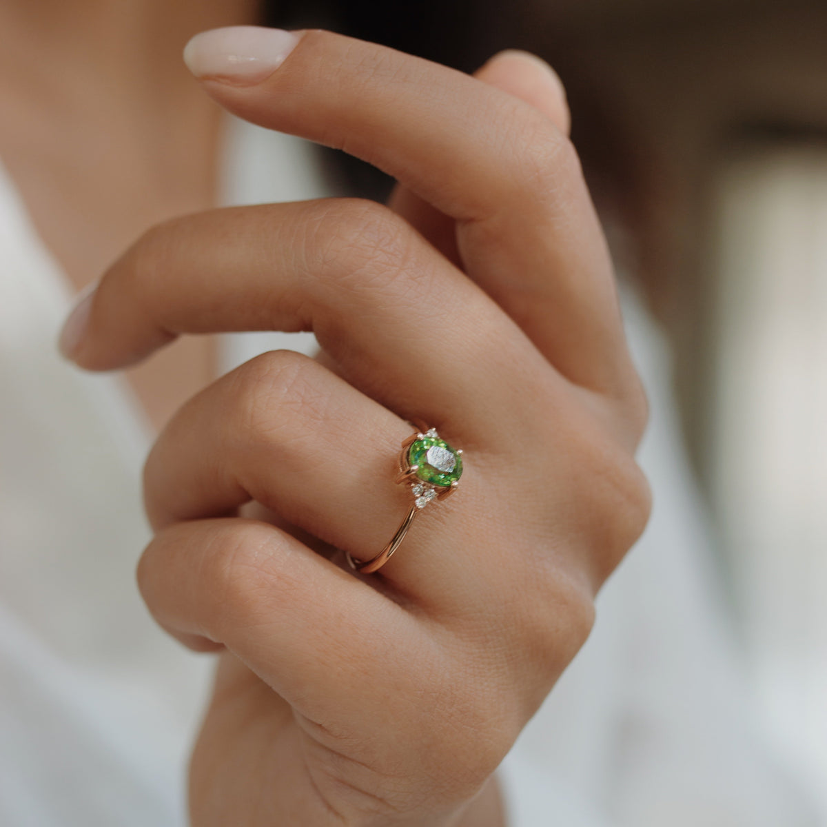 Oval Green Sapphire Engagement Ring With Diamond - Art Deco Style Orizzo fine jewelry