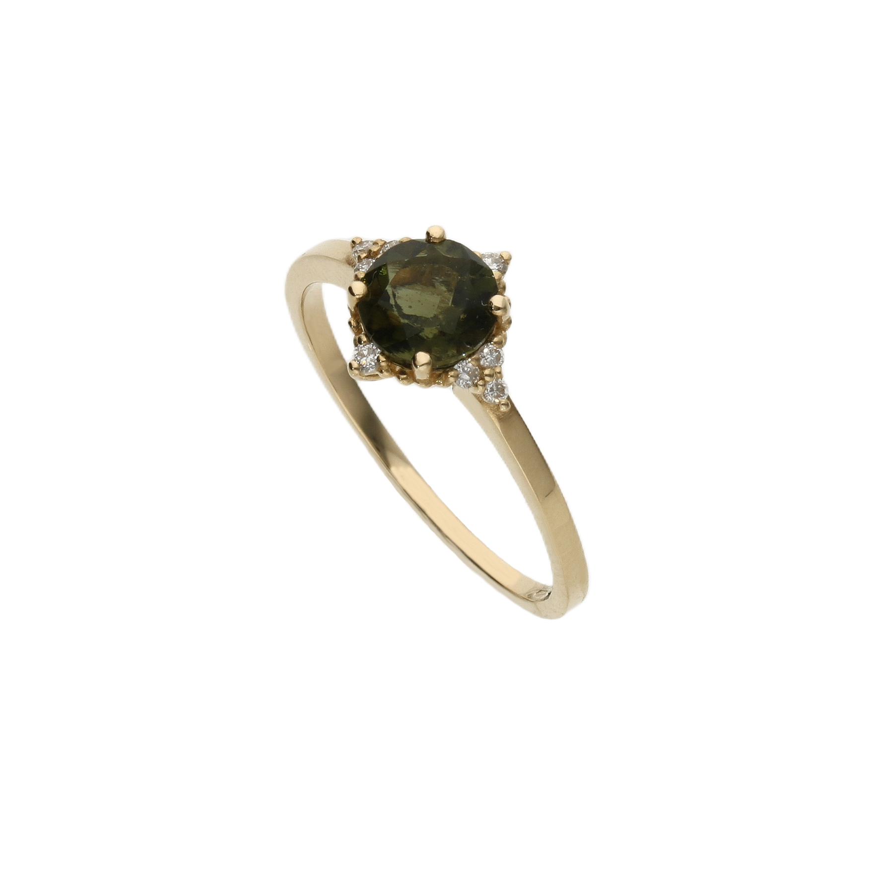 Round Moldavite Ring with Diamonds In 14K Gold