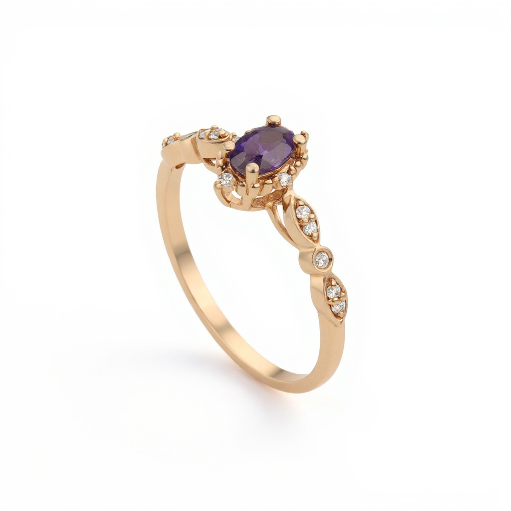 14K Gold Oval Amethyst Ring with Diamonds