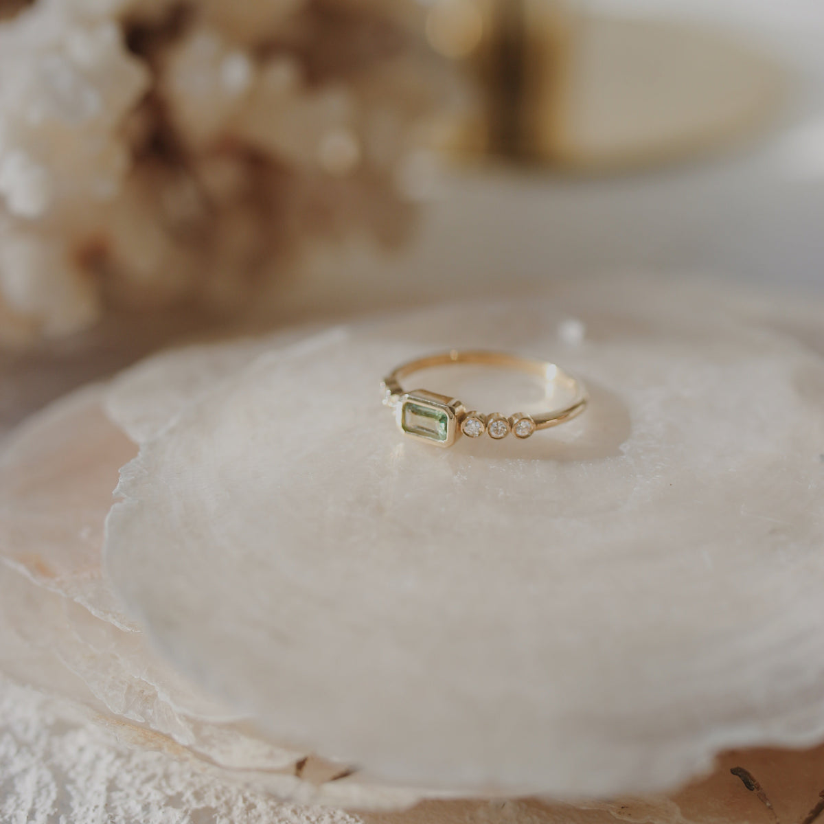 Green Sapphire Engagement Ring With Diamond in Bezel Setting Orizzo fine jewelry