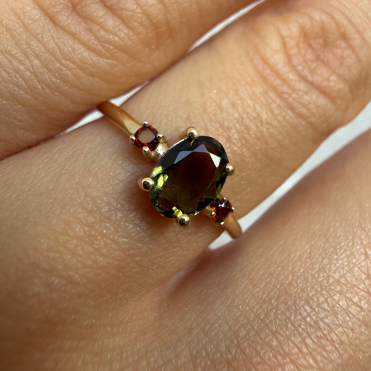 Oval Moldavite with Garnet Engagement Ring - Trinity
