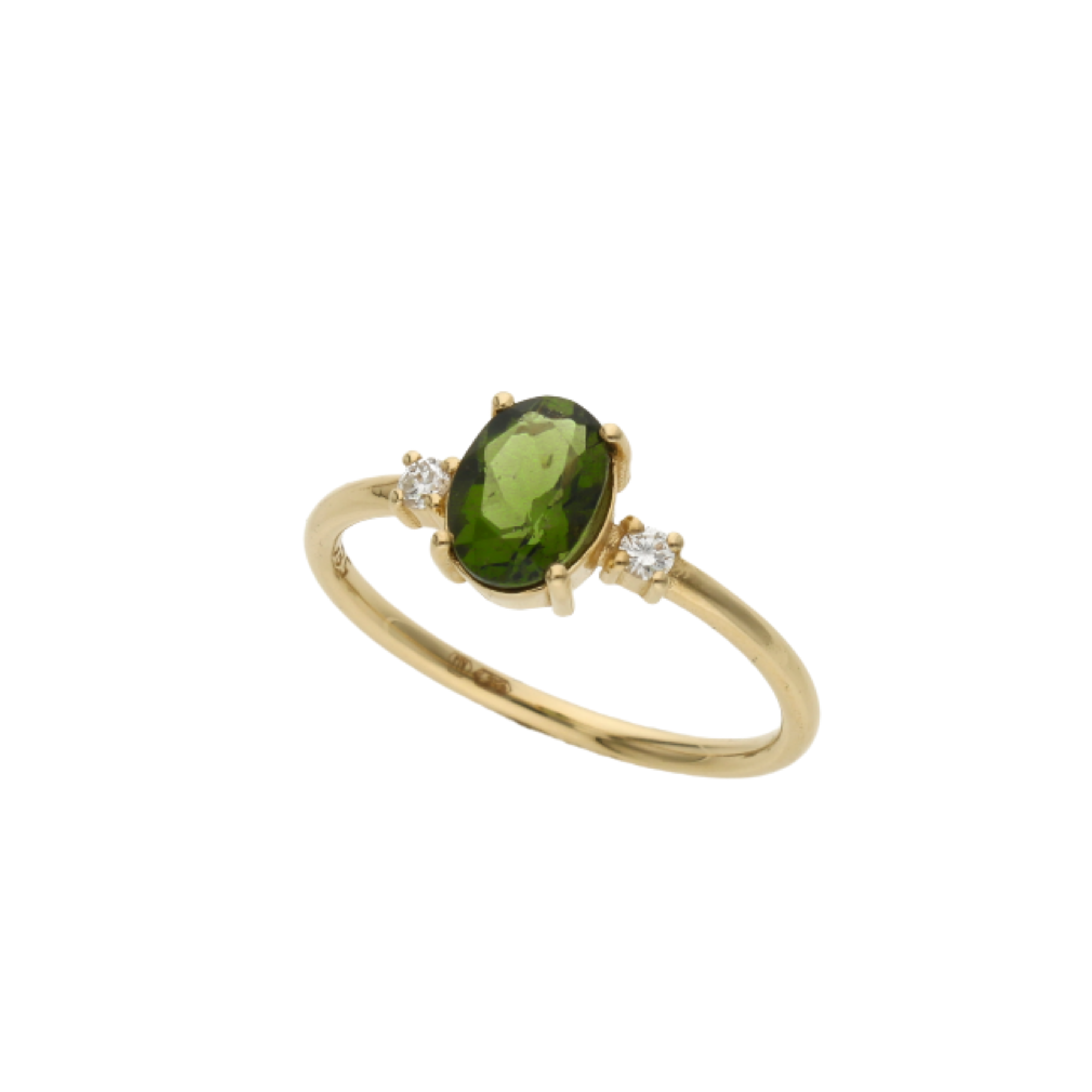 Ovaler Moldavit Ring mit Diamant – 14 Karat Massivgold