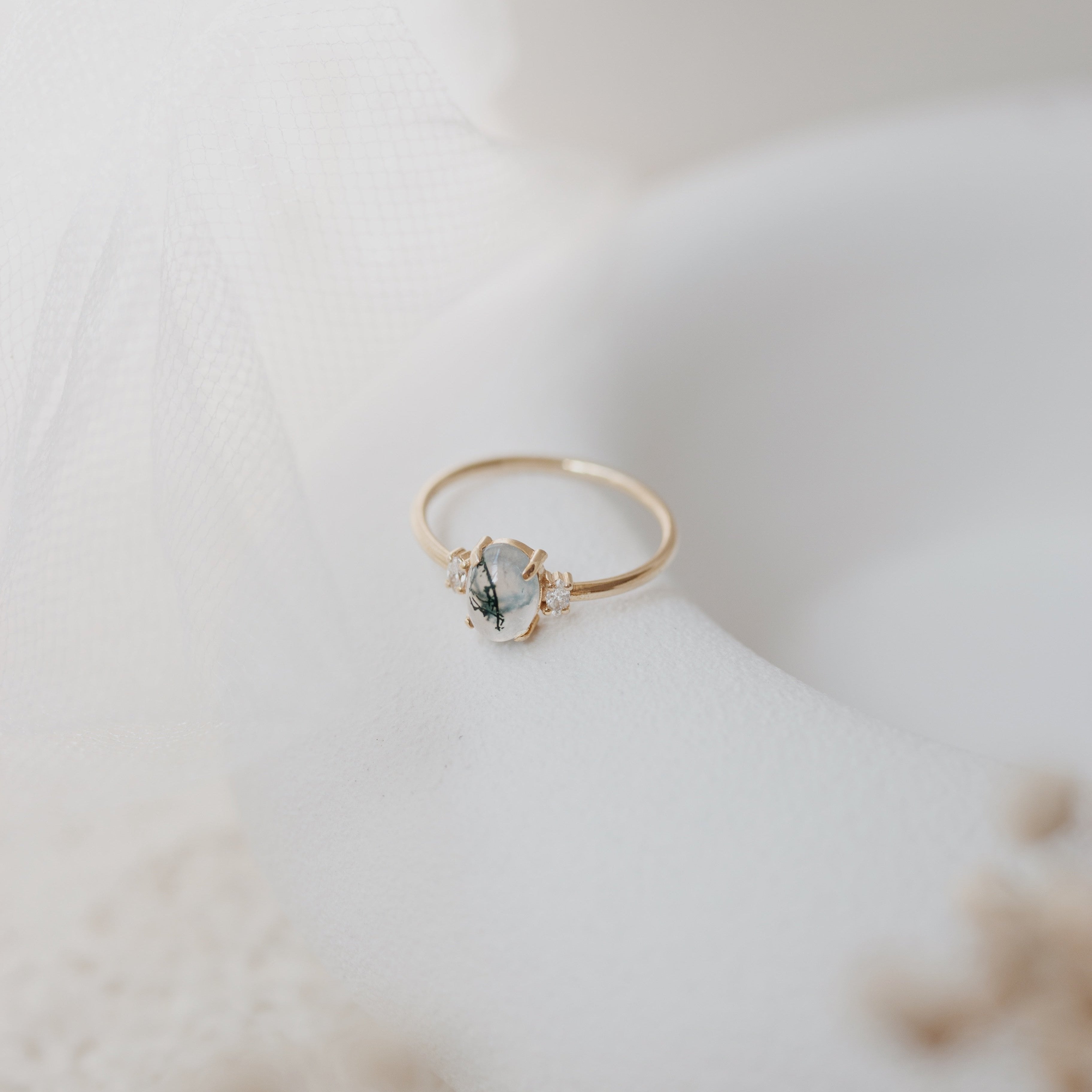 Moss Agate and Diamond Ring in 14K Gold