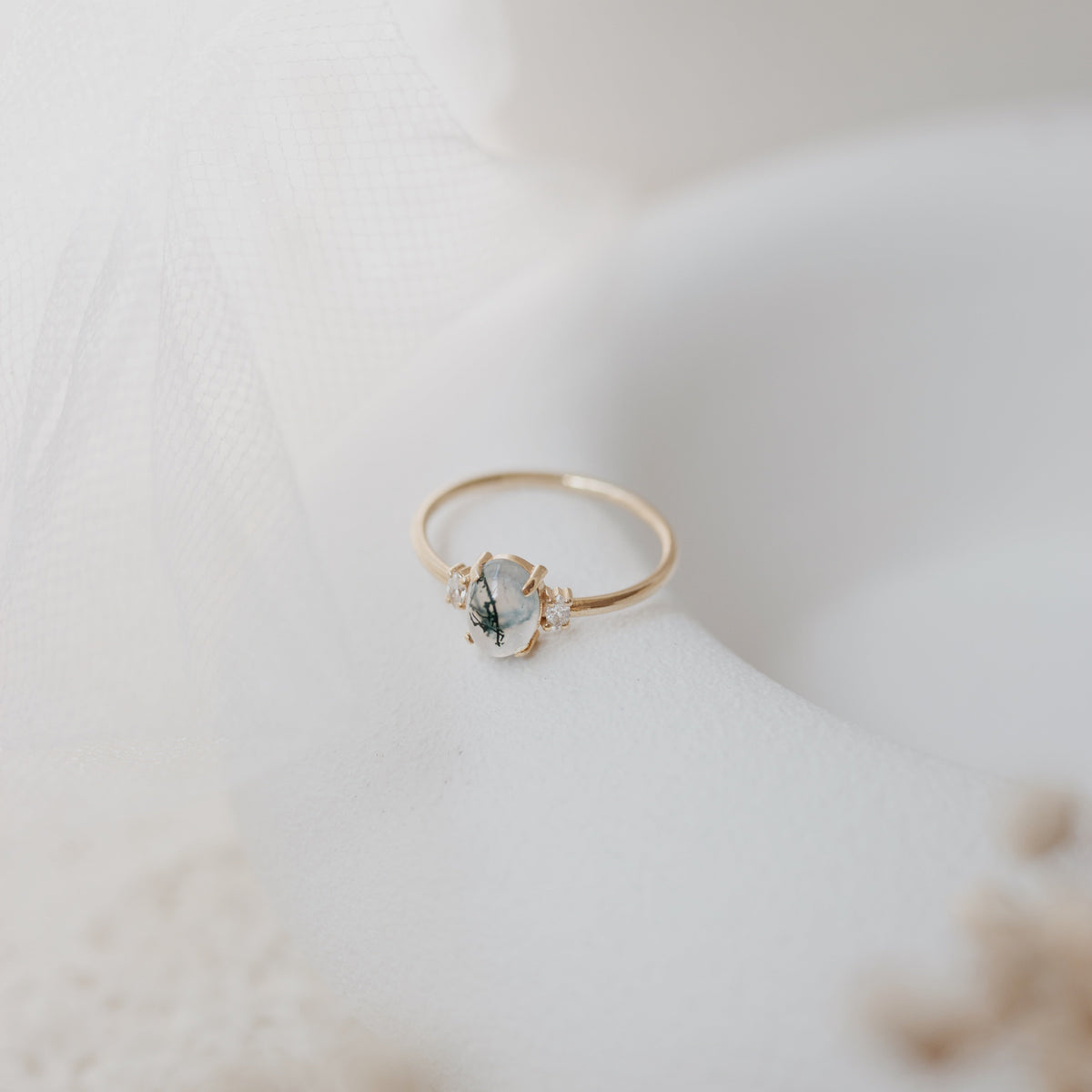 Prsten s mechovým achátem a diamanty ze 14K zlata – Trinity