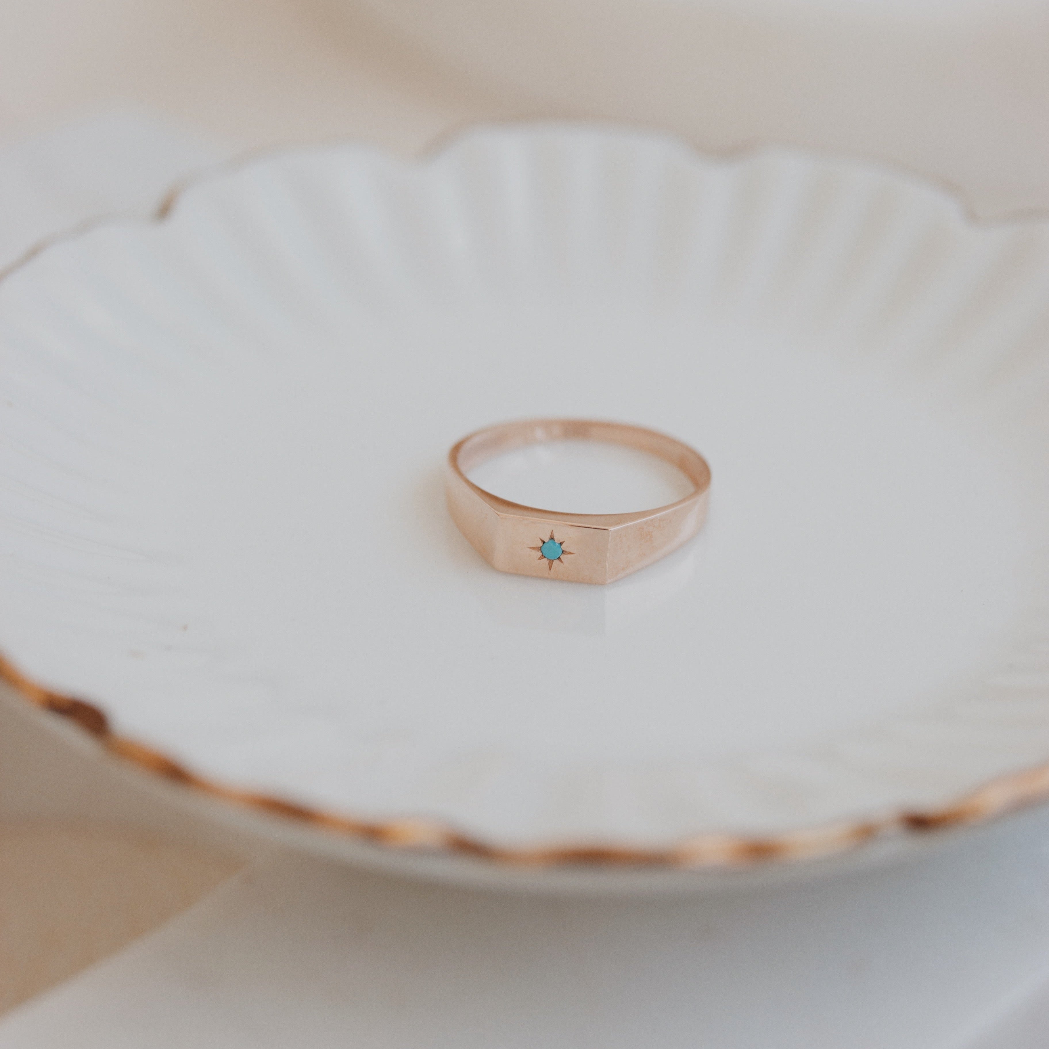 Dainty Turquoise Signet Ring in 14k Gold with North Star Design Orizzo fine jewelry
