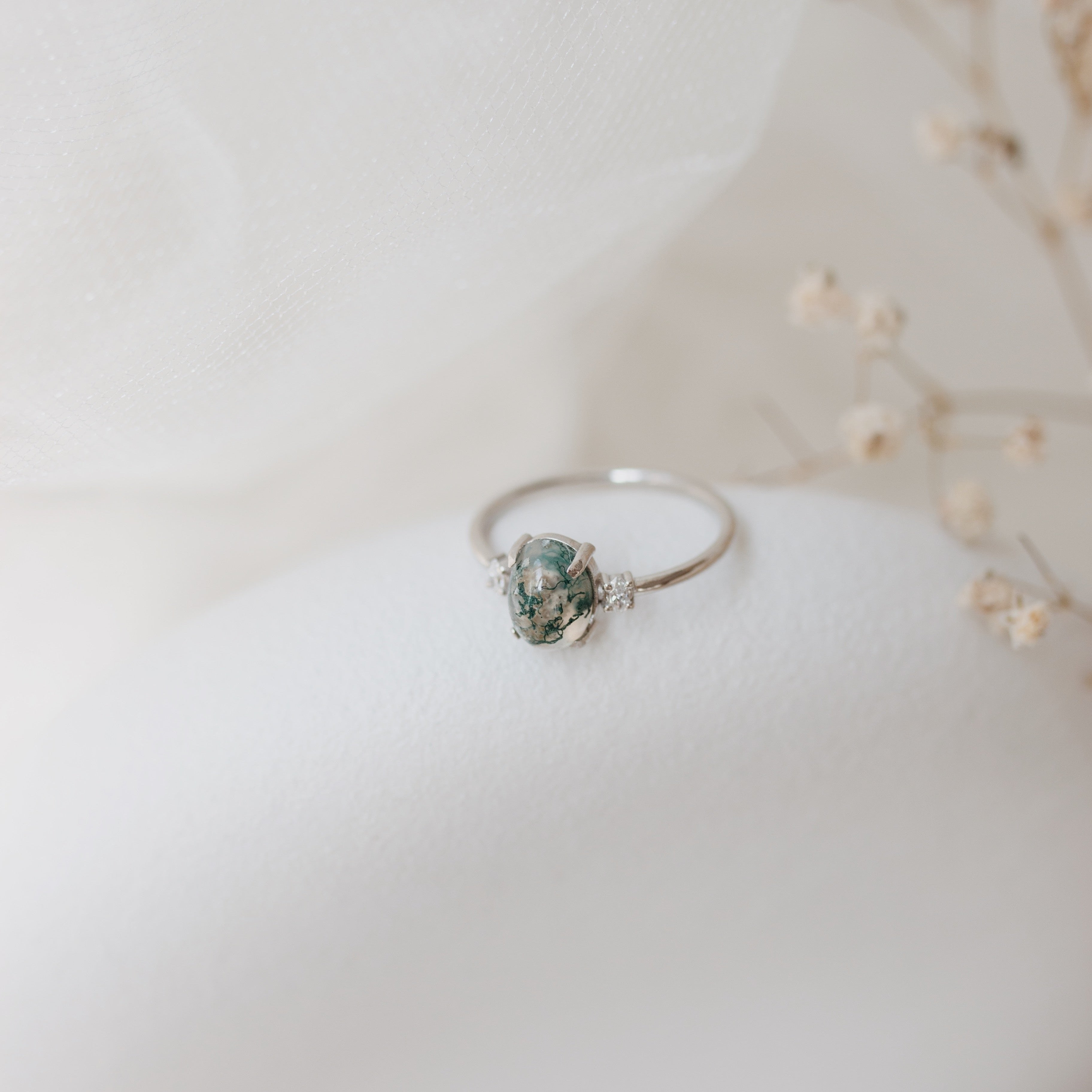 Cabochon Moss Agate Ring With Diamond
