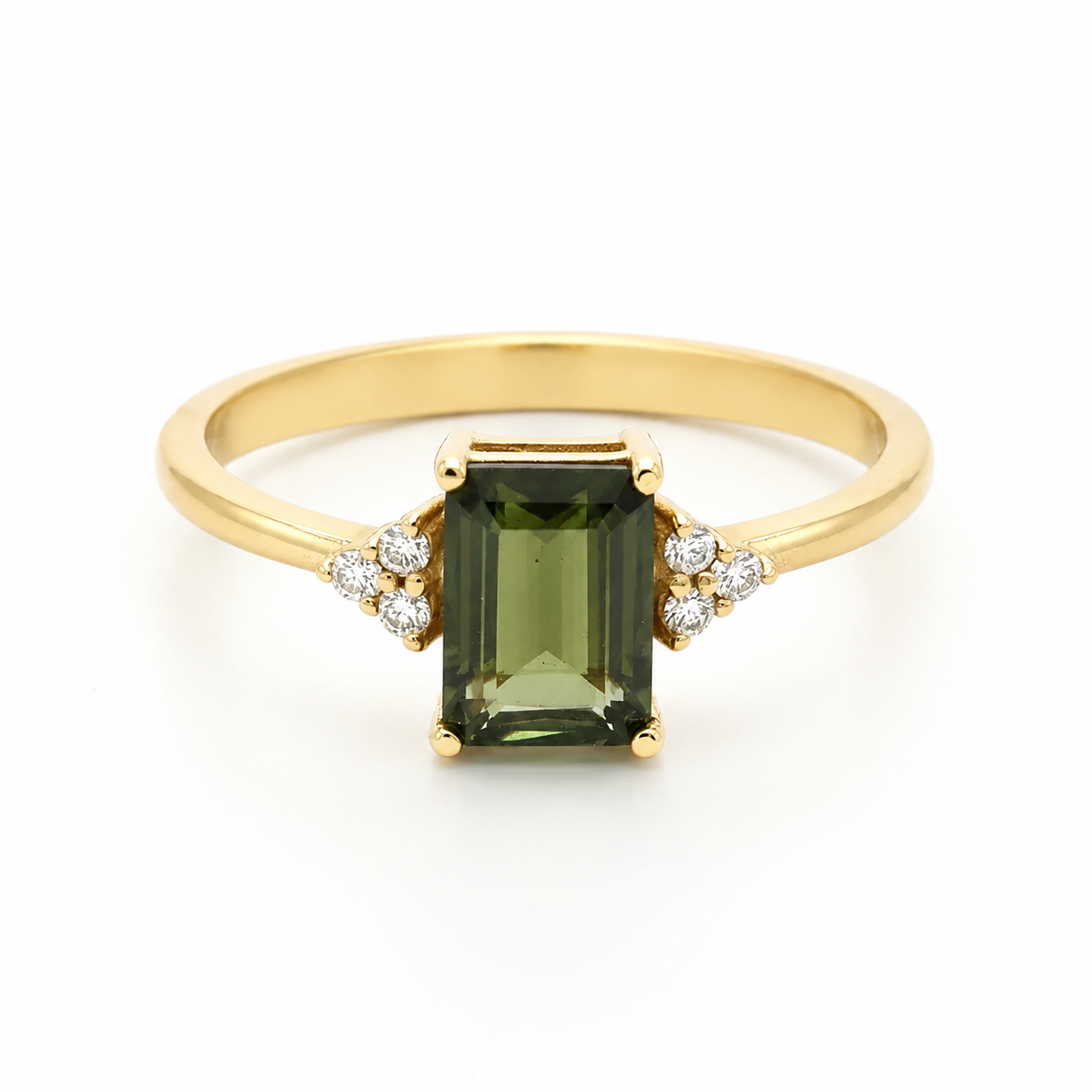 Emerald Cut Moldavite 14K Gold Ring With Diamonds – Solenne