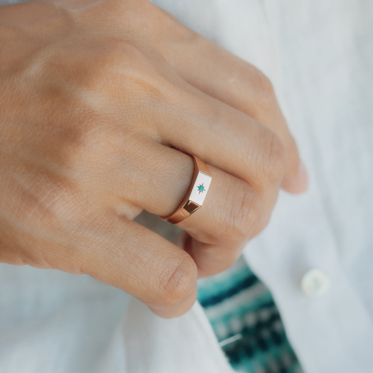 Dainty Turquoise Signet Ring in 14k Gold with North Star Design Orizzo fine jewelry
