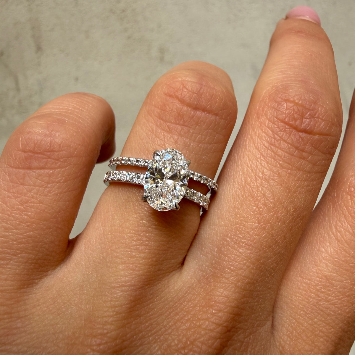 Oval Cut Diamond Engagement Ring with Diamond Band - Lab Grown