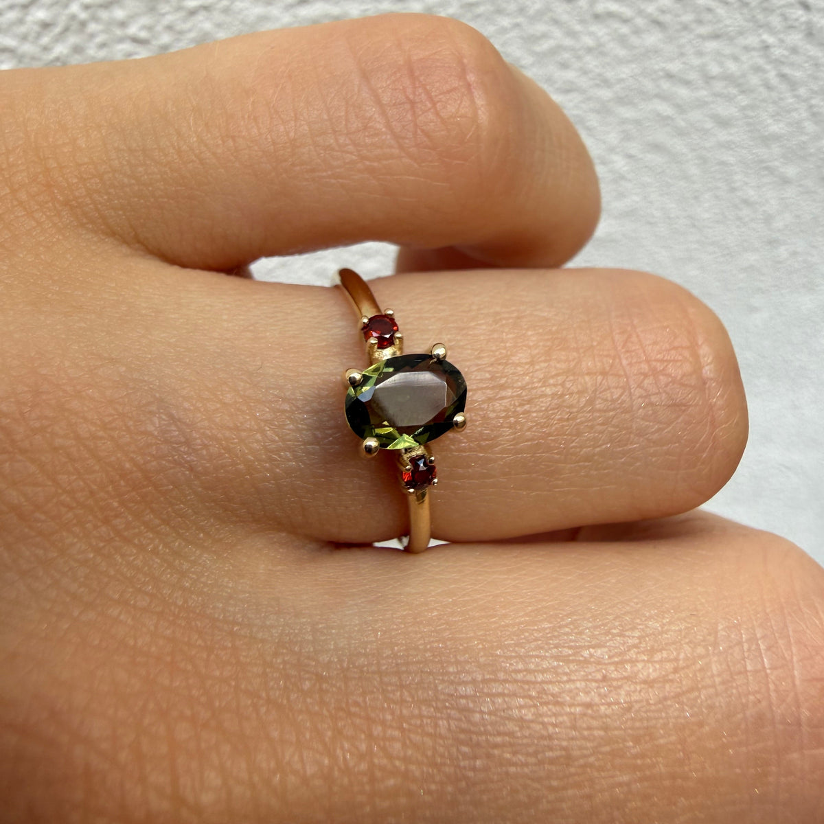 Oval Moldavite with Garnet Engagement Ring - Trinity