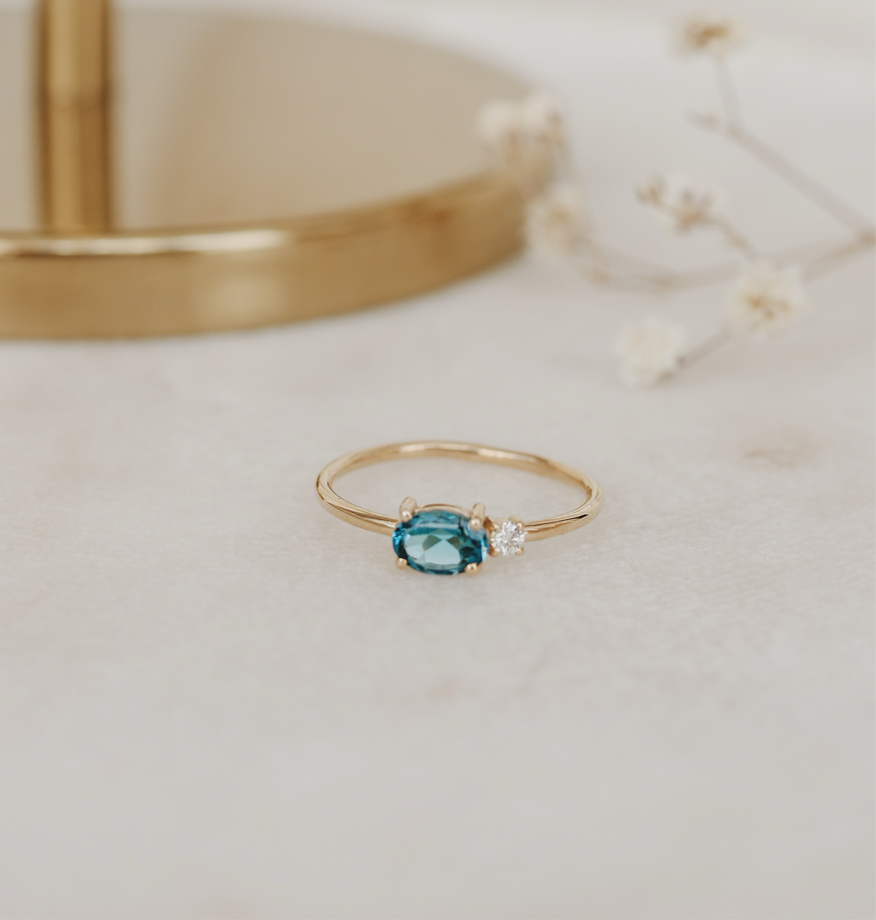 London Blue Topaz Ring With Diamond - Double Stone Ring