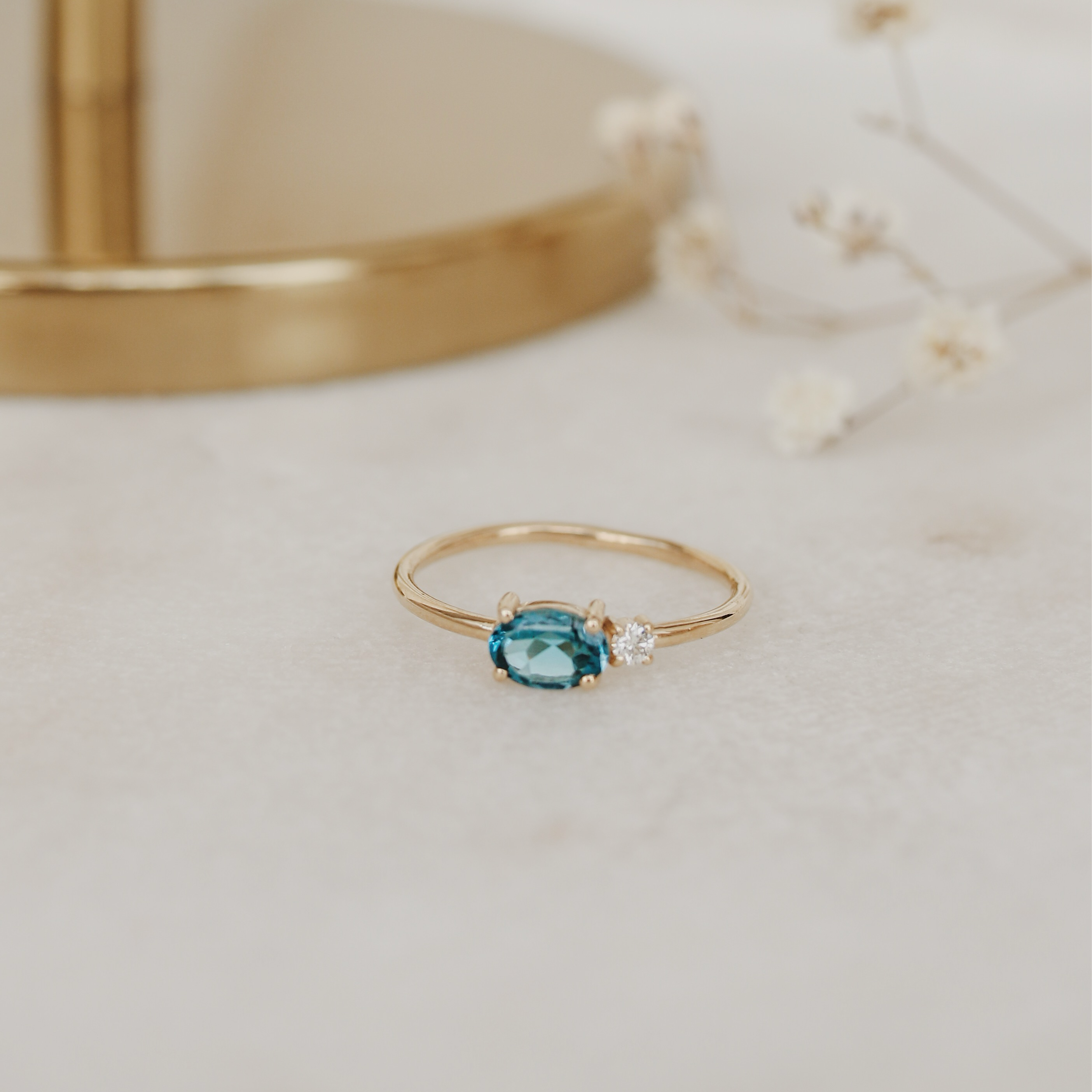 London Blue Topaz Ring With Diamond - Double Stone Ring