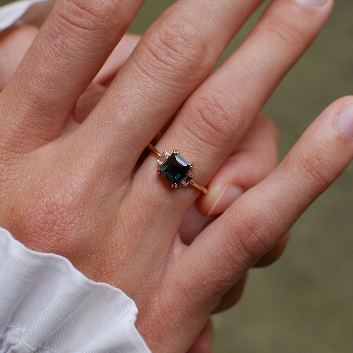 Teal Sapphire & Baguette Diamond Ring - Trinity