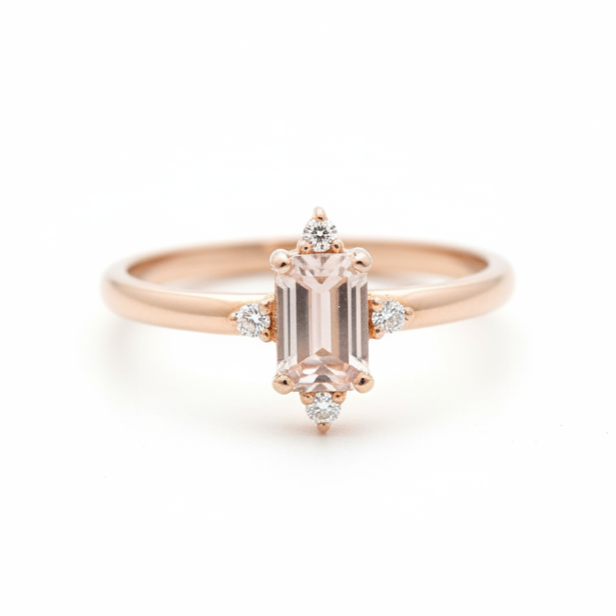 Art Deco zásnubní prsten s morganitem a diamanty – 14K zlato