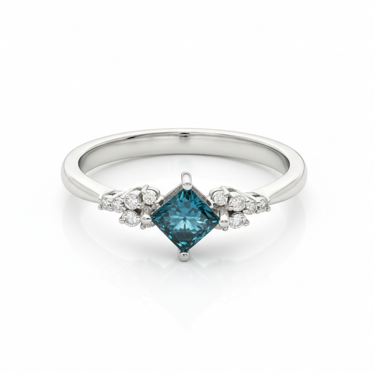 Prinzessschliff Blauer Diamant Verlobungsring – 14 Karat Gold