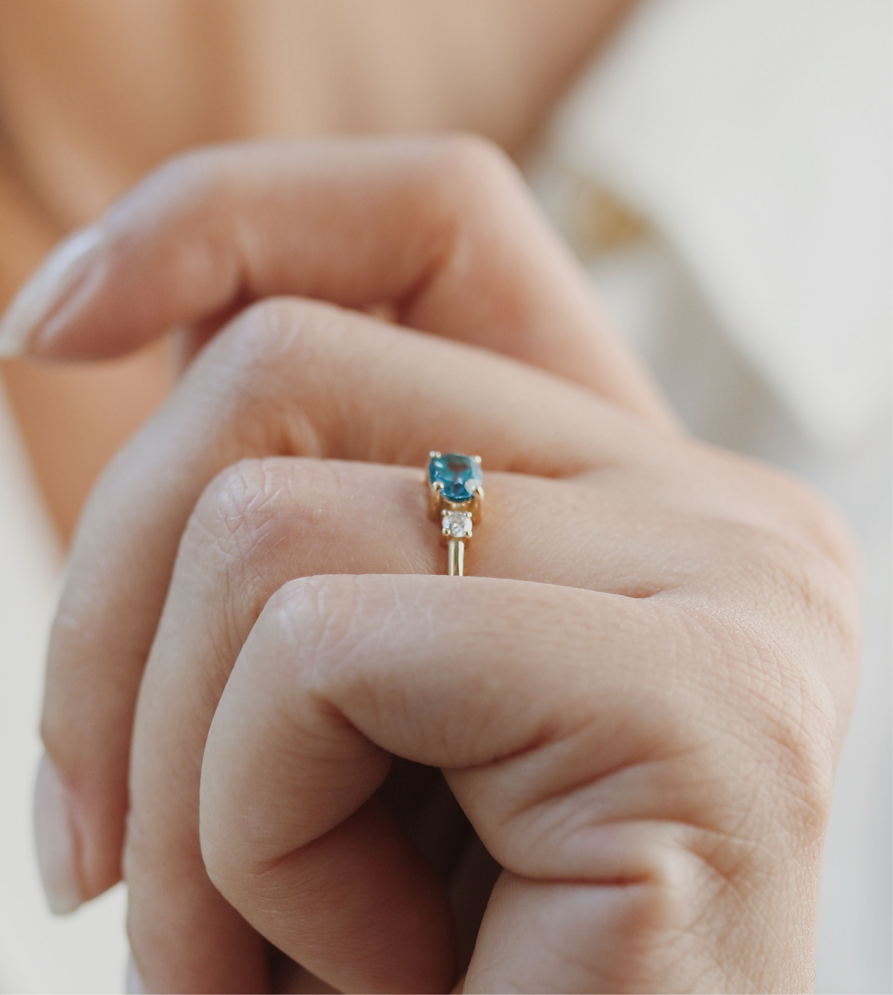 London Blue Topaz Ring With Diamond - Double Stone Ring