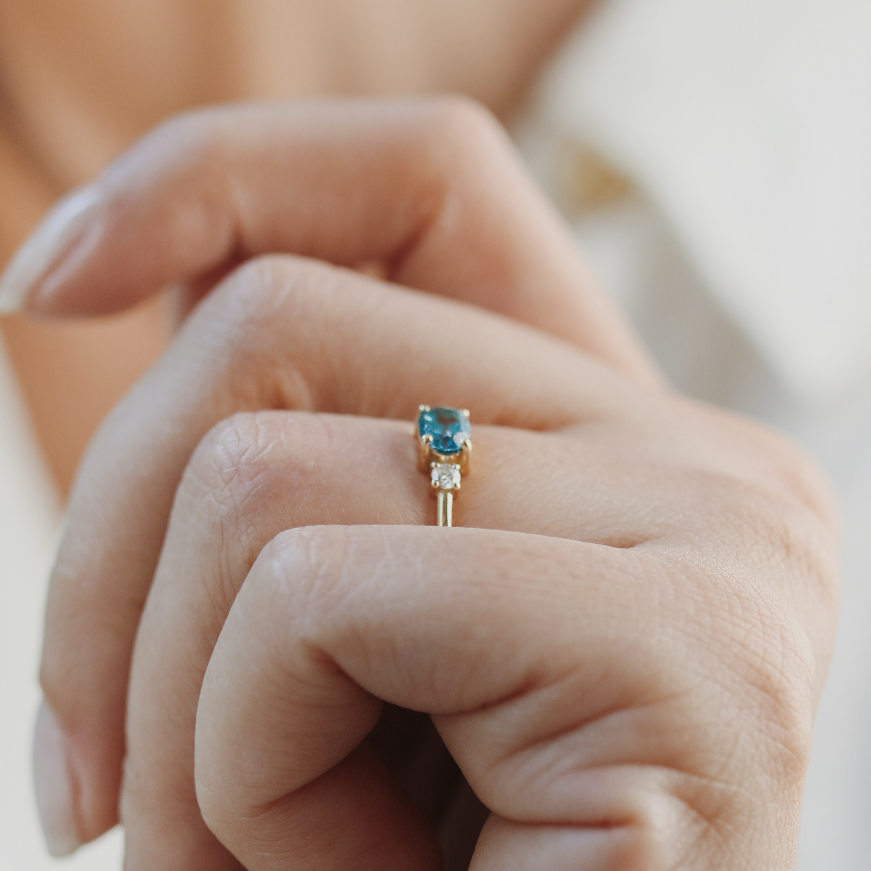 London Blue Topaz Ring With Diamond - Double Stone Ring