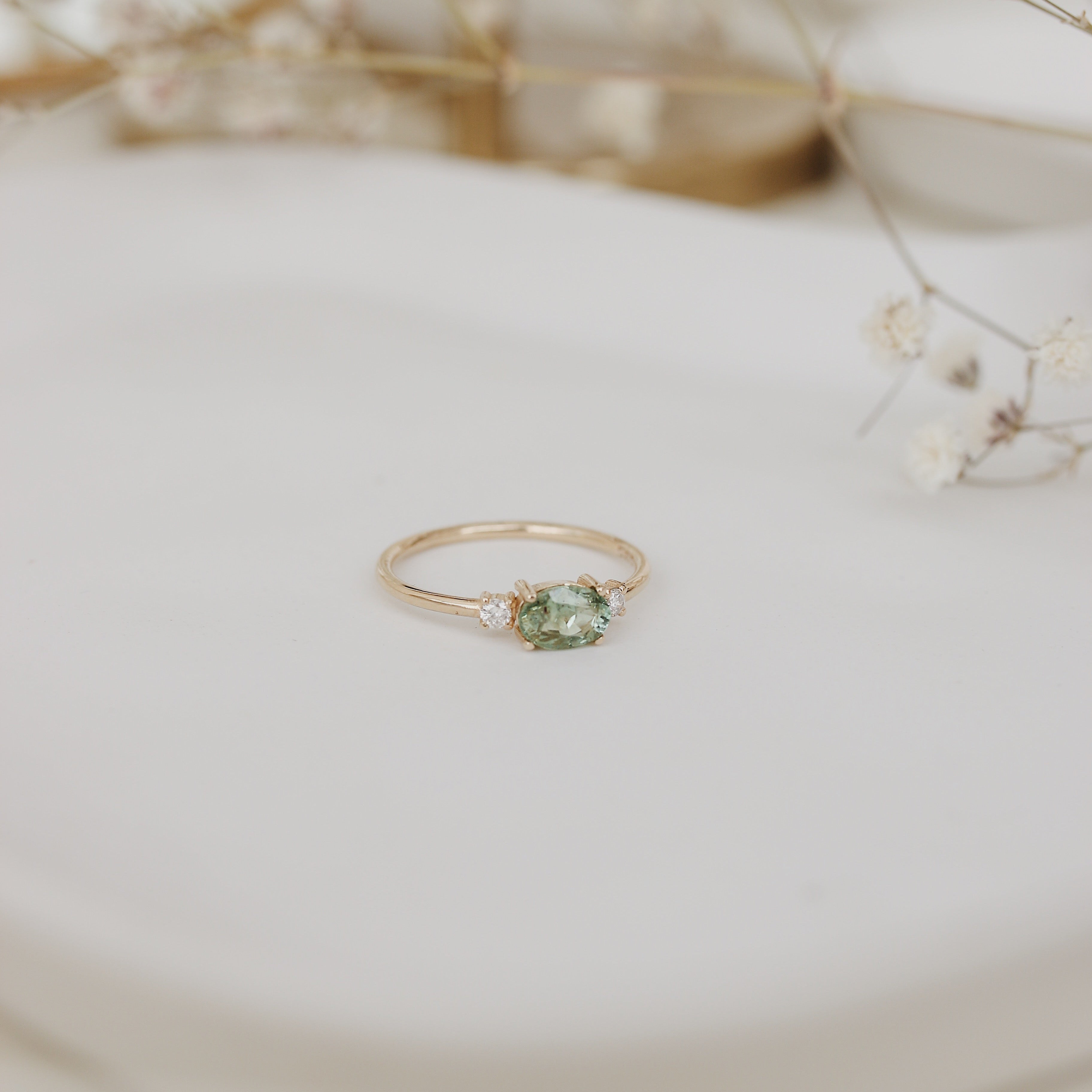 Horizontal Oval Green Sapphire Engagement Ring With Diamond