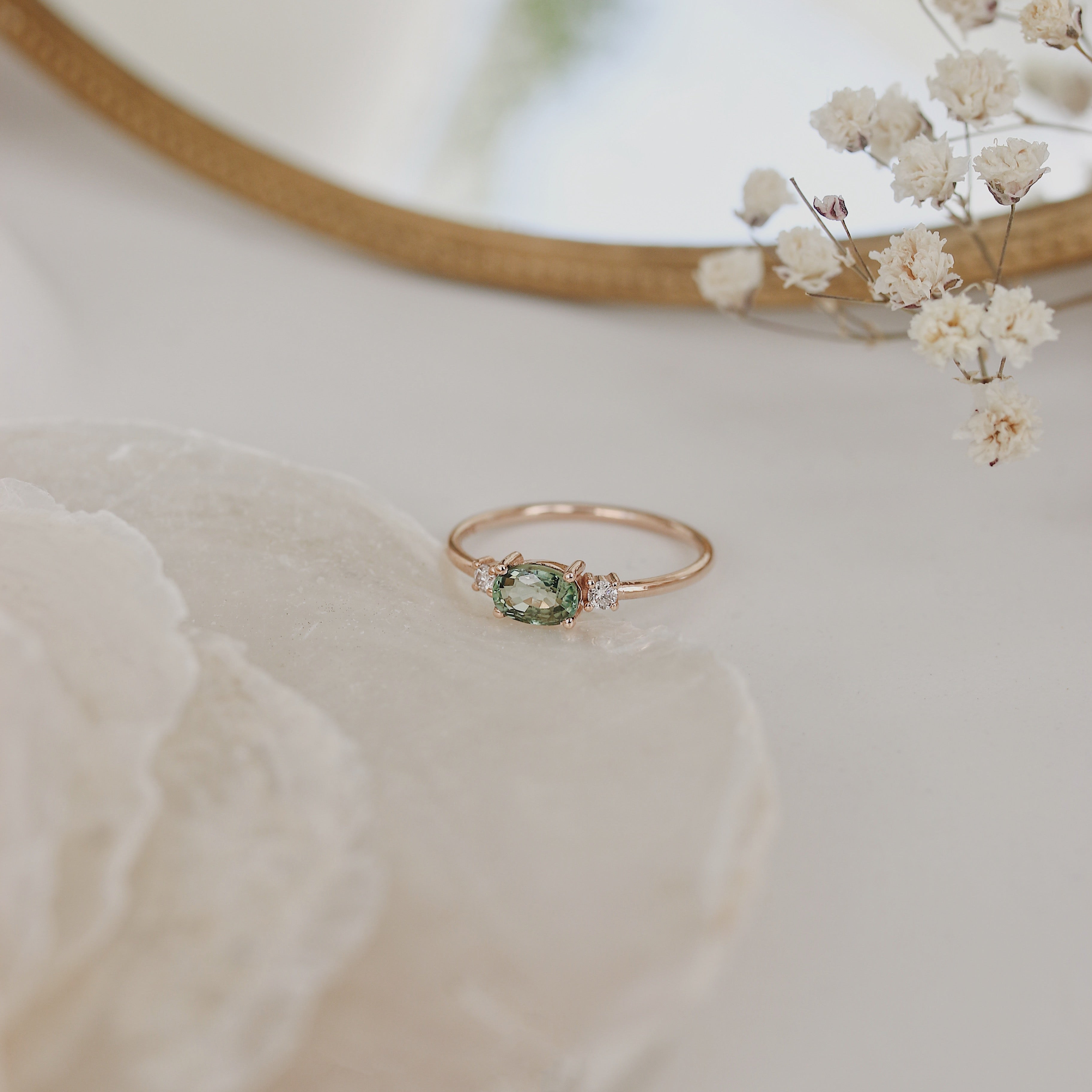 Horizontal Oval Green Sapphire Engagement Ring With Diamond