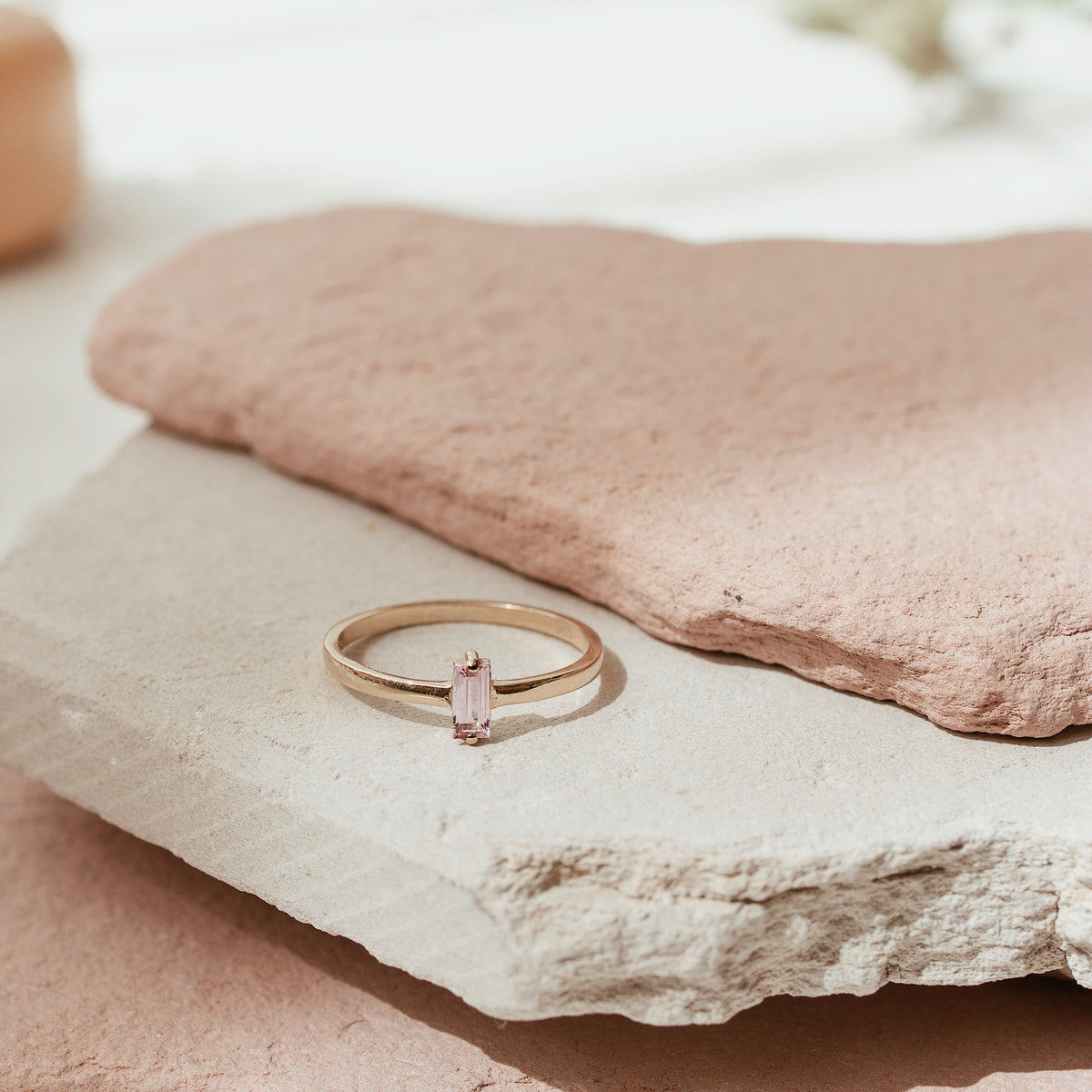 Solitaire Baguette Cut Pink Sapphire Ring Orizzo fine jewelry