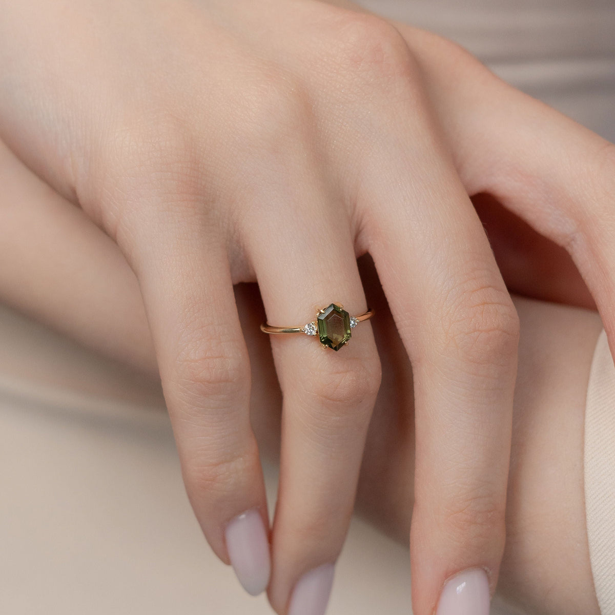 Hexagon Moldavite & Diamond Ring – Trinity