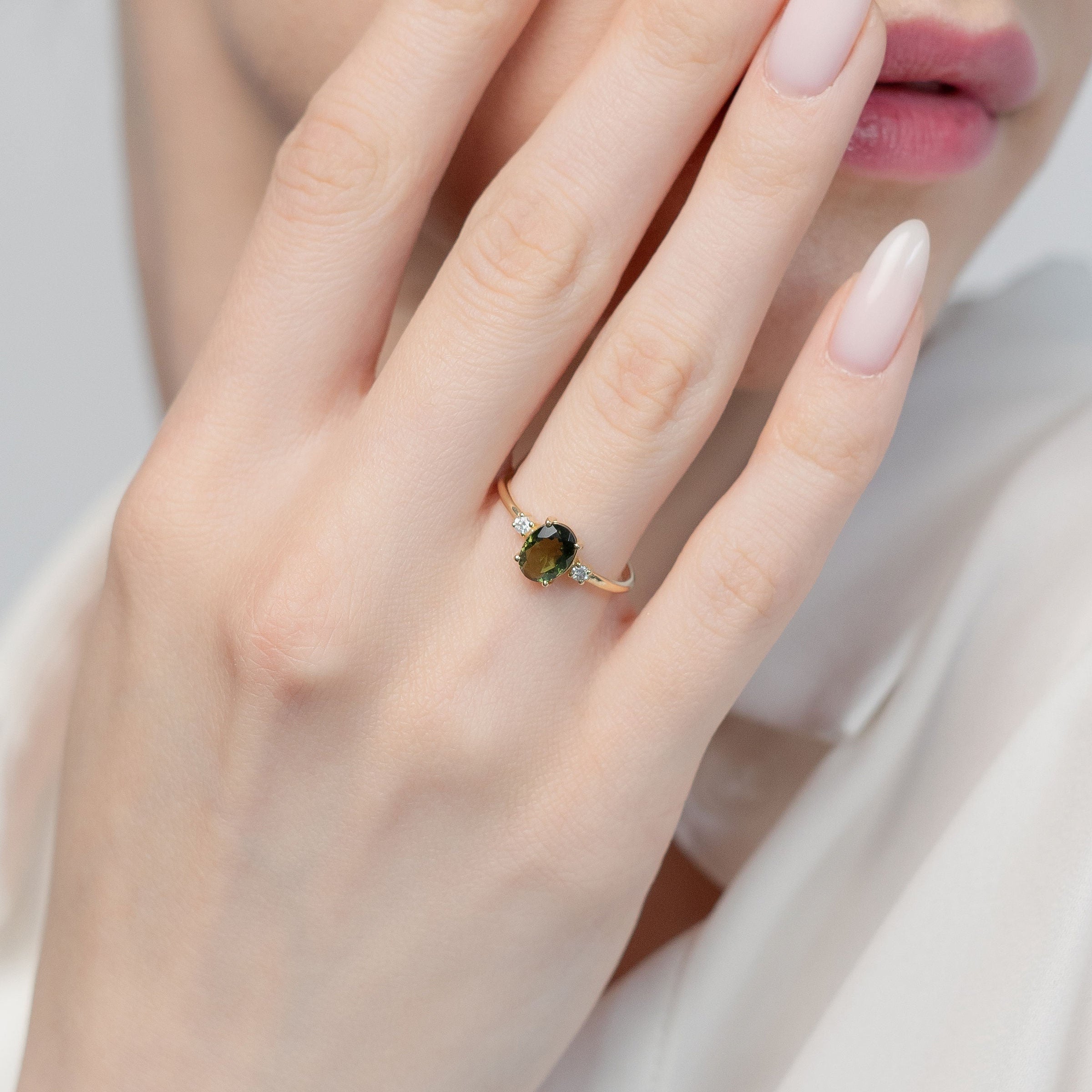 Oval Cut Moldavite Ring With Diamond - Trinity