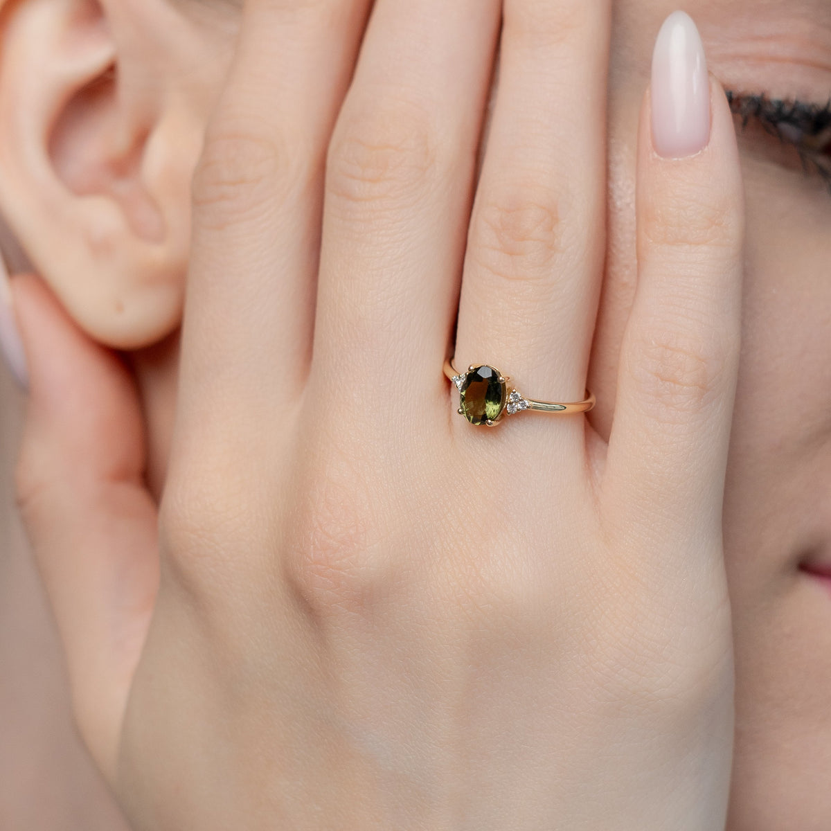 Oval Cut Moldavite Engagement Ring With Diamonds - Solenne
