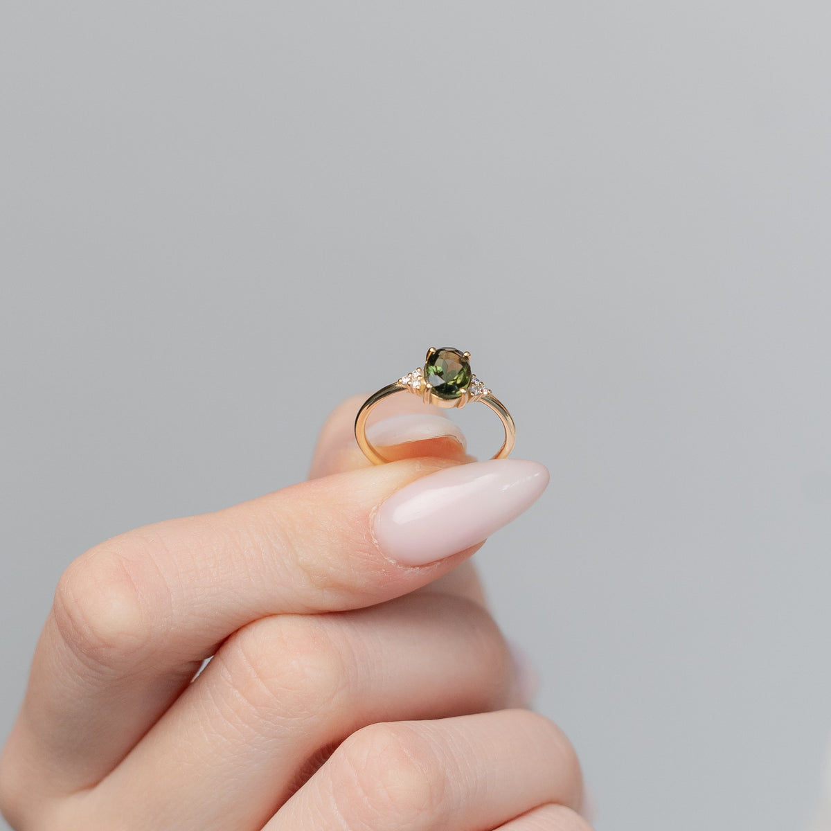 Oval Cut Moldavite Engagement Ring With Diamonds - Solenne