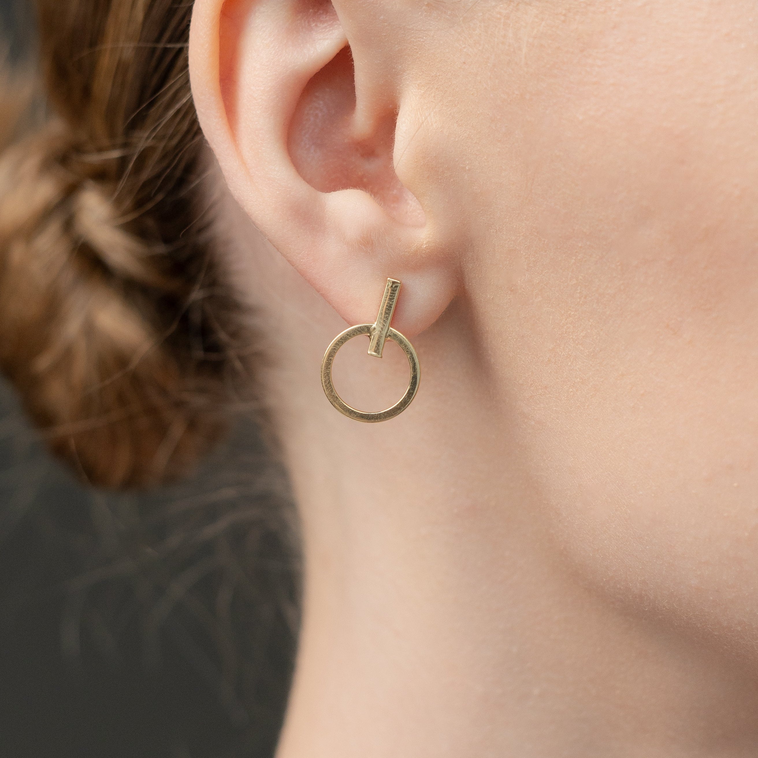 Geometric Circle Bar Stud Earrings In 14K Solid Gold