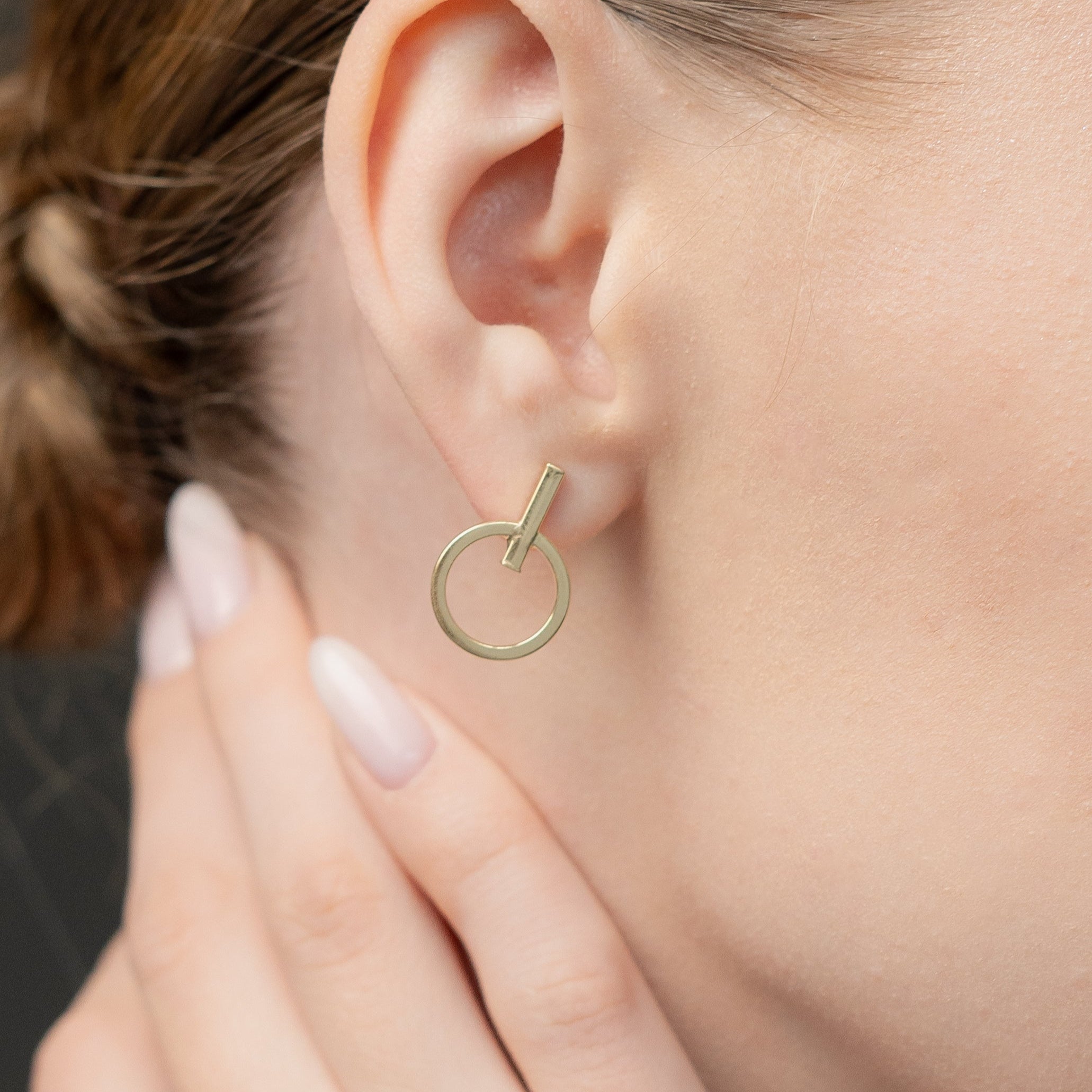 Geometric Circle Bar Stud Earrings In 14K Solid Gold