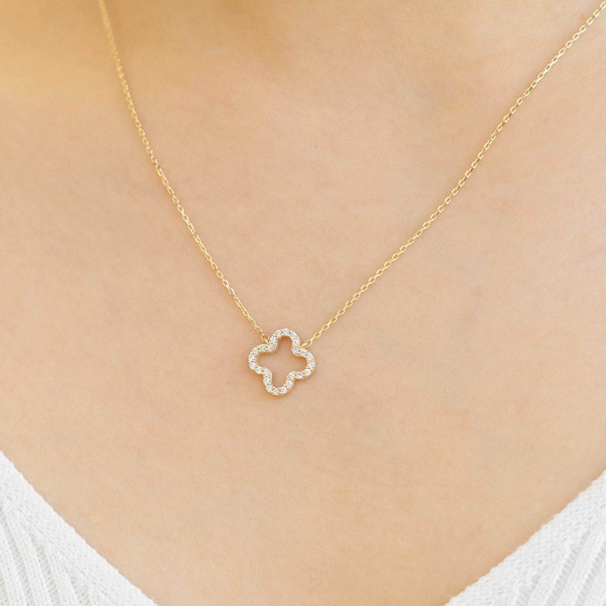 Four Leaf Gold Necklace With Zirconia