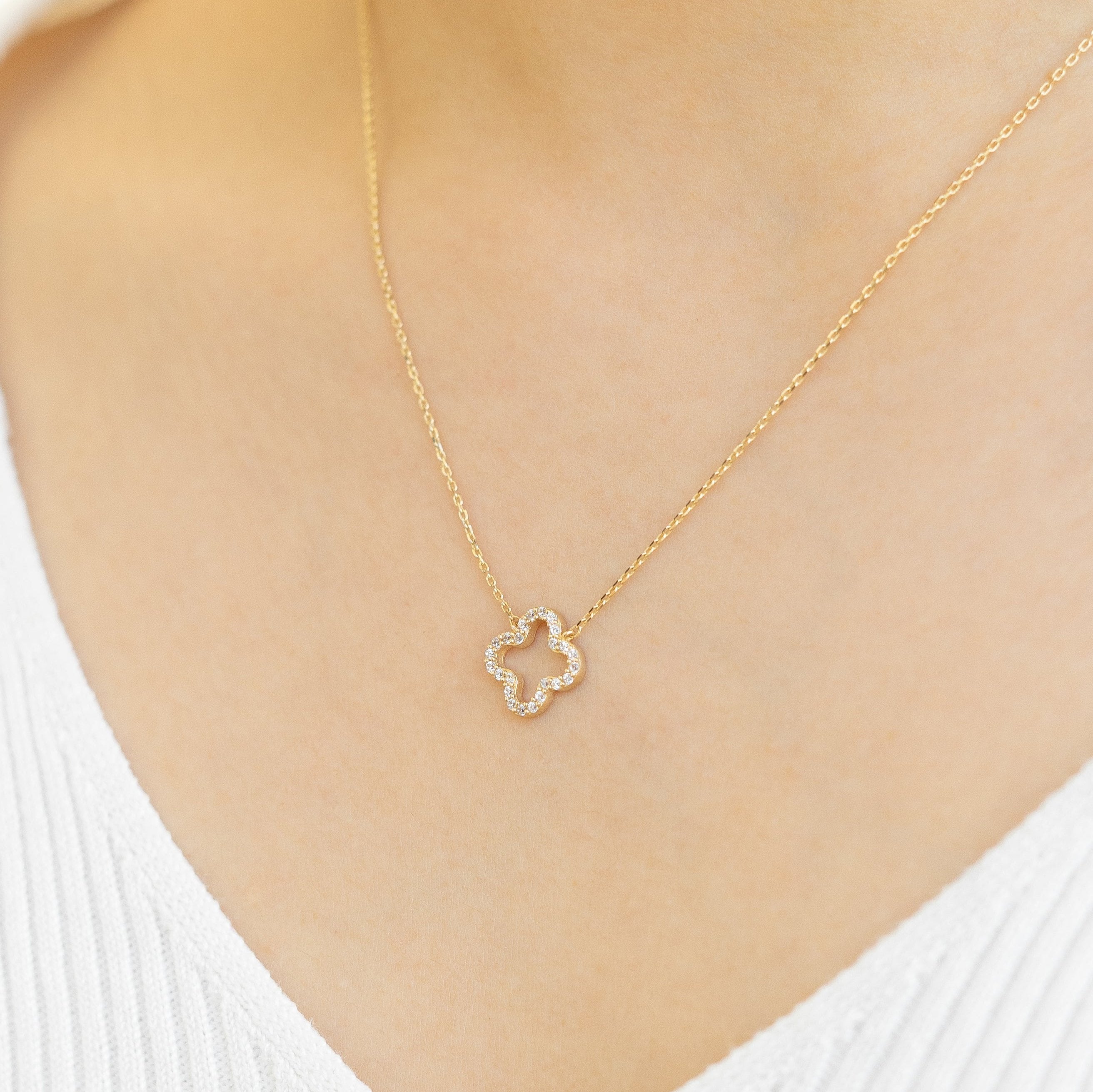 Four Leaf Gold Necklace With Zirconia