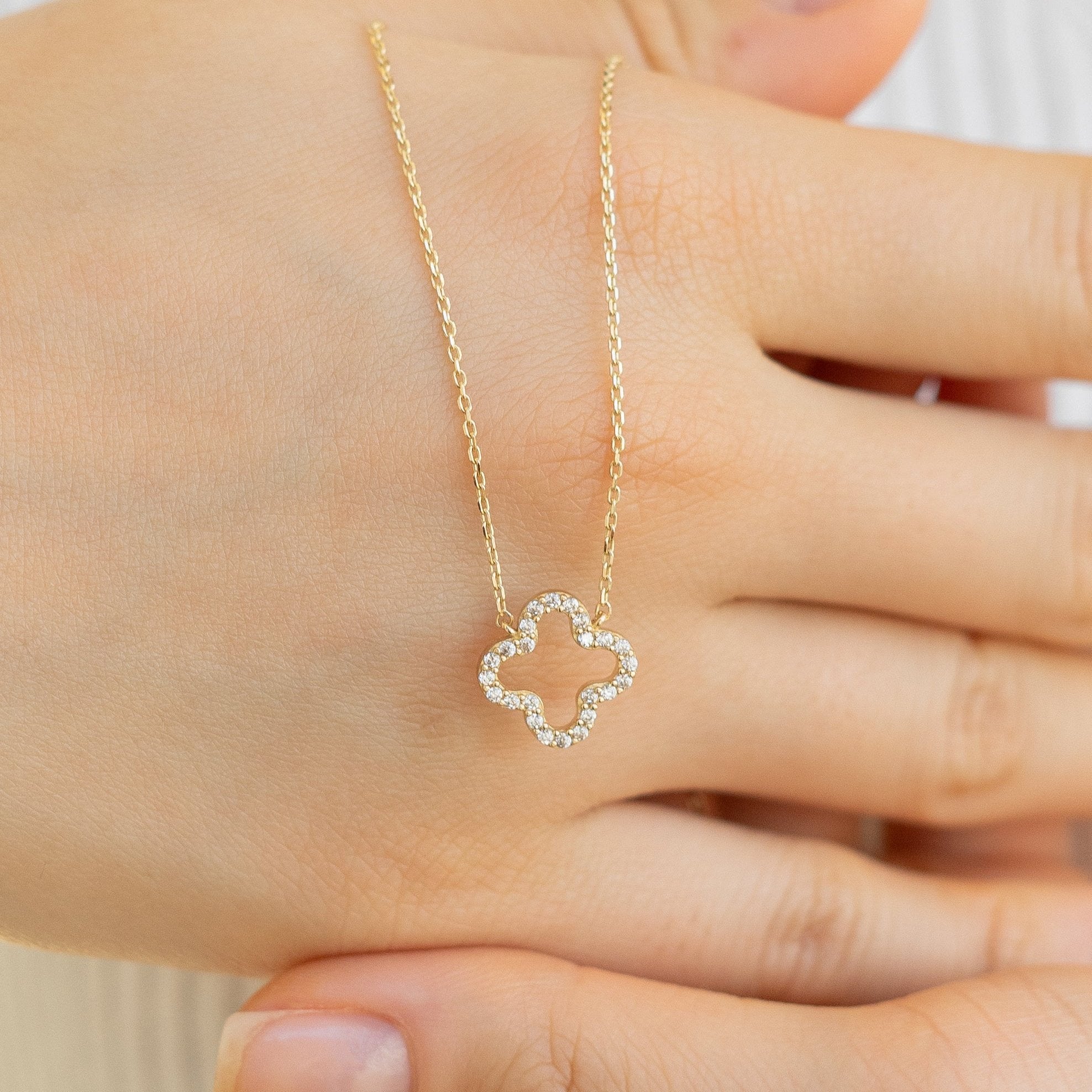 Four Leaf Gold Necklace With Zirconia