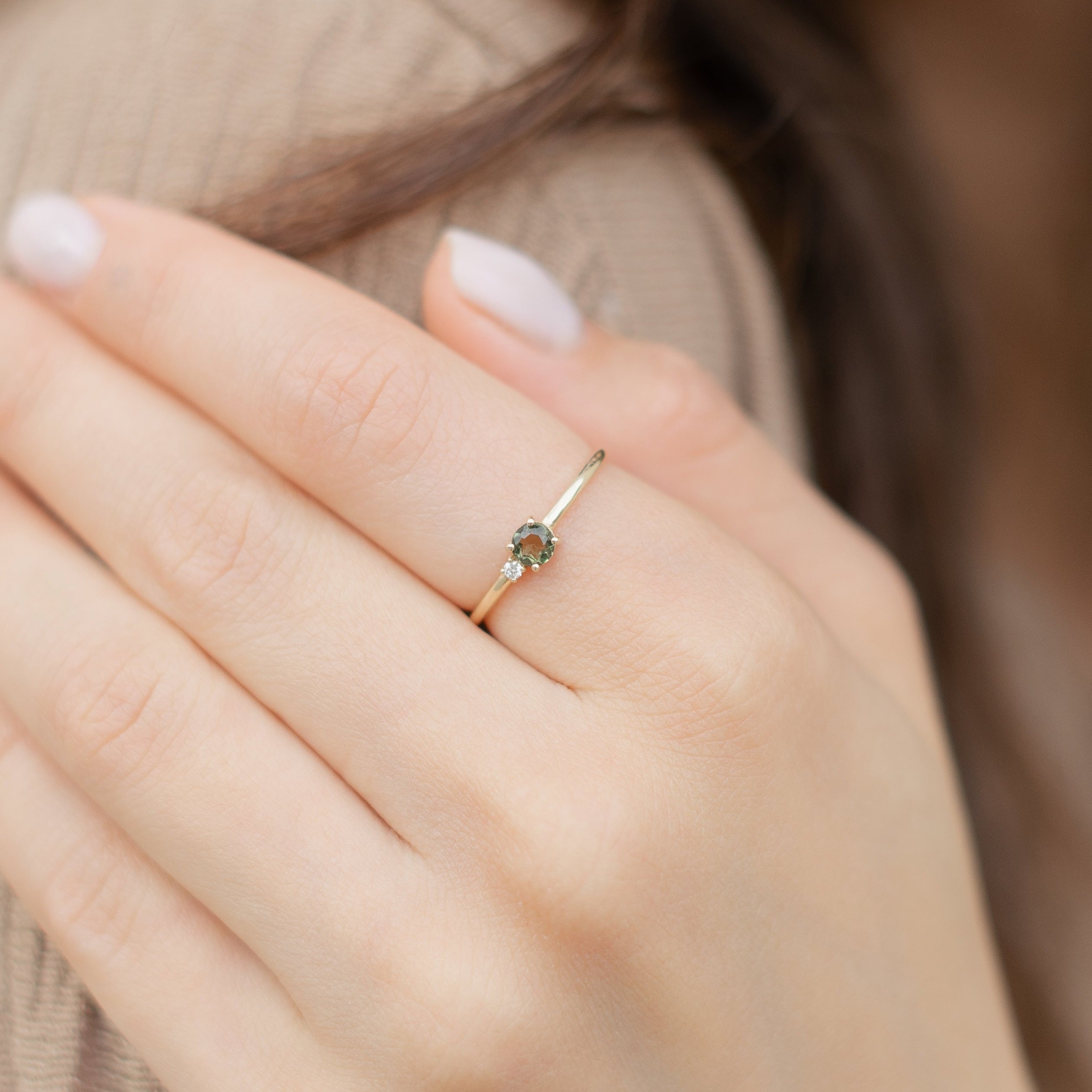 Dainty Round Moldavite Engagement Ring with Diamond